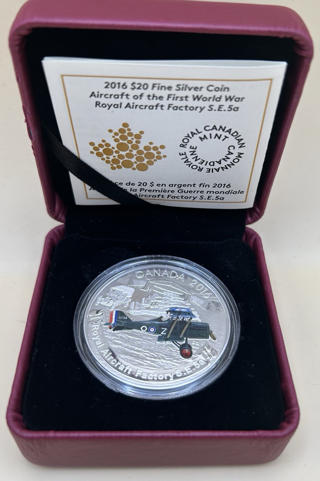 2016 Fine Silver  Canada $20 Royal Aircraft Factory S.E.5a  1st World War Coin