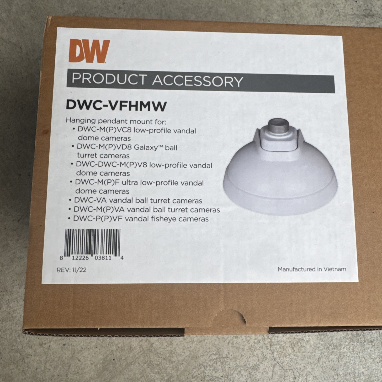 Digital Watchdog DWC-VFHMW Hanging Pendant Mount White Vandal Security Dome Cam