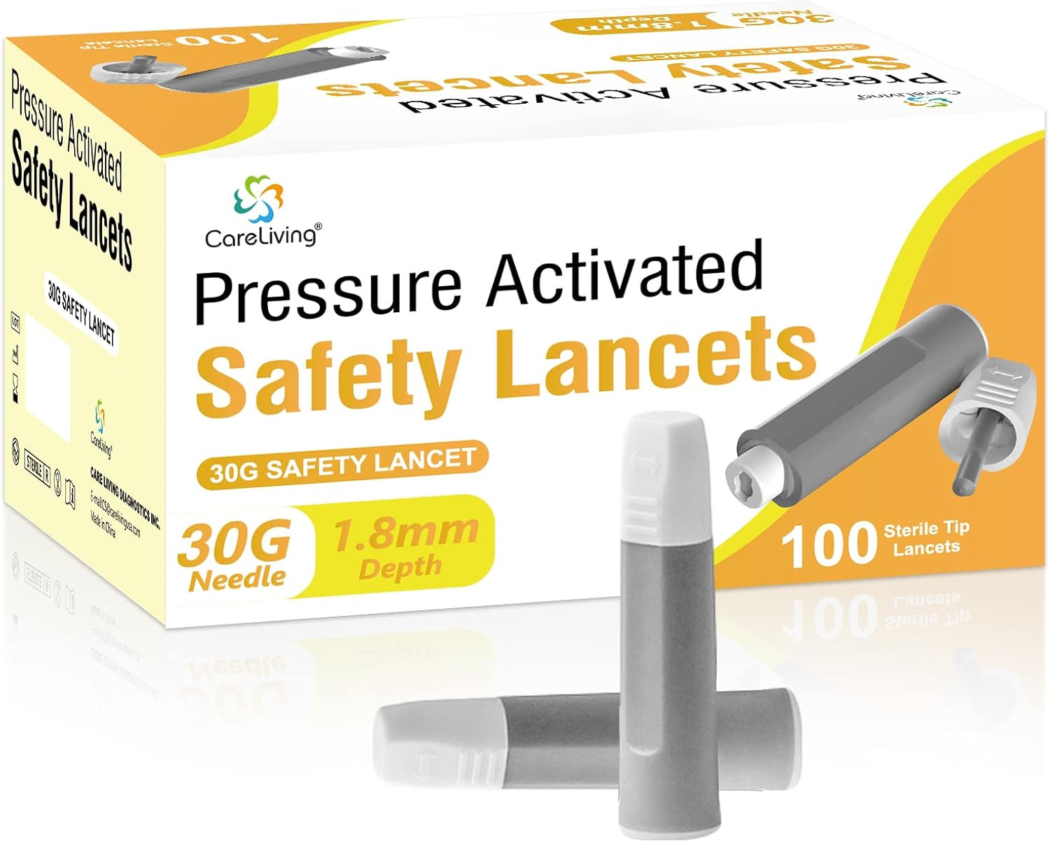 Safety Lancets, 100 Count Sterile, Push Button Activated, 30 Gauge Needle, 1.8 M