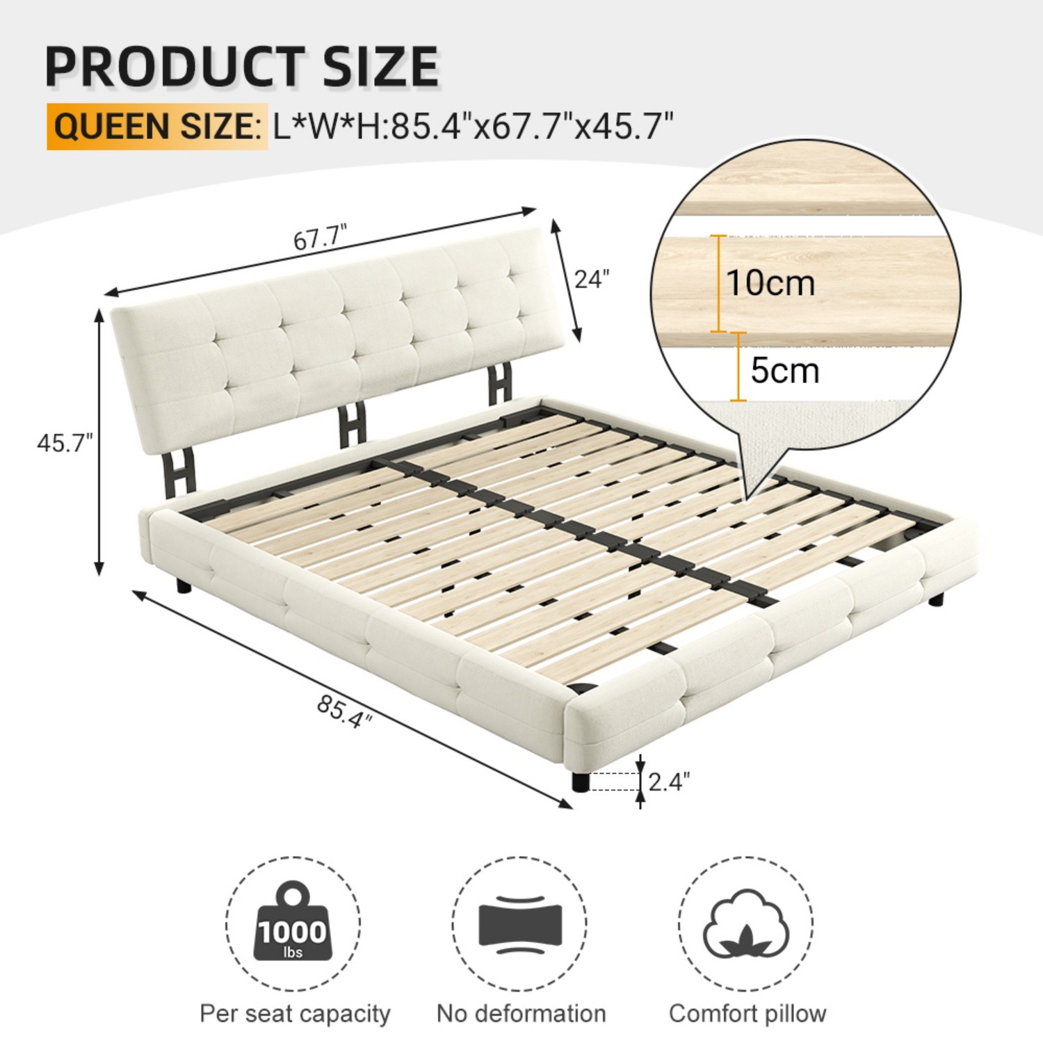 Queen/King Size Modern Upholstered Platform Bed Frame w/ Headboard & Metal Leg