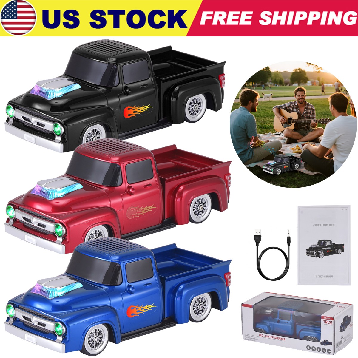 Retro Truck Dual 2” Bluetooth Speaker W/ Bass Radiator Led Party Light FM Radio