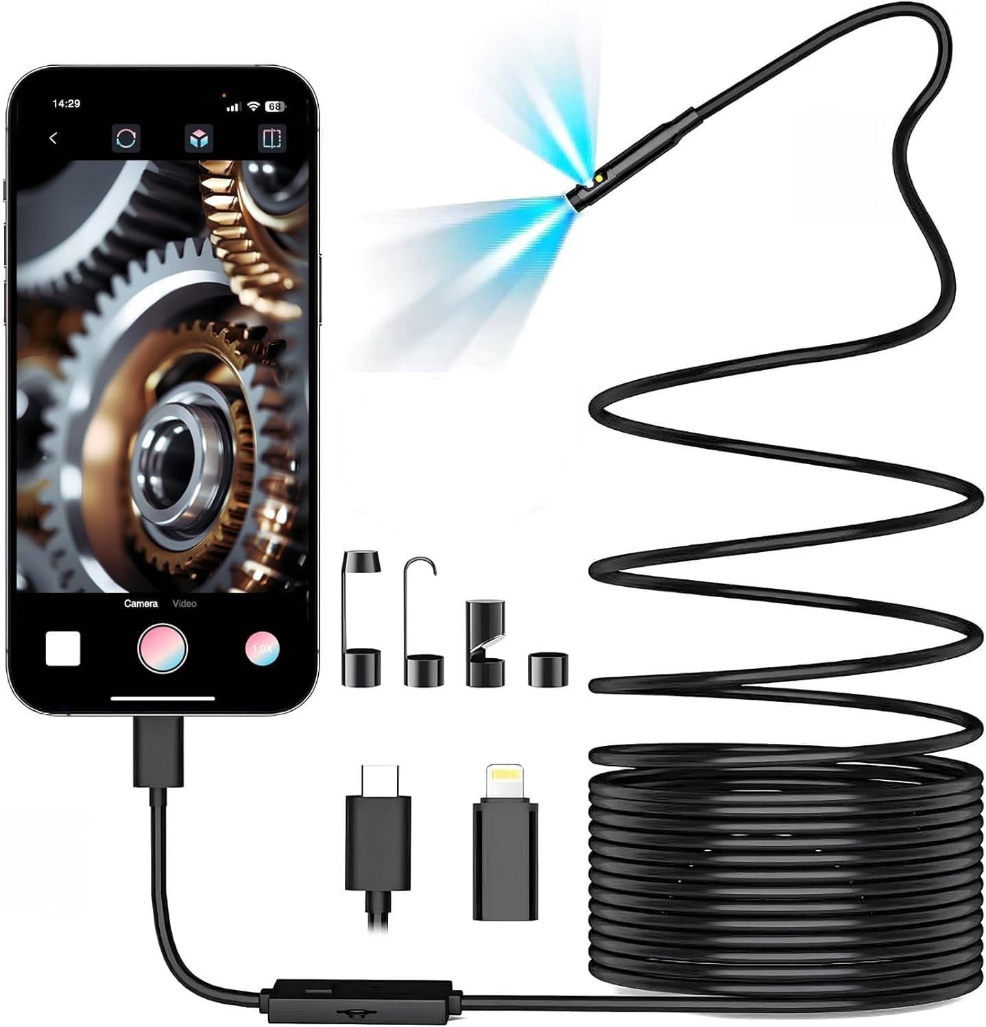 Waterproof Borescope with 16.5ft Semi-Rigid Cable & Dual-Lens Technology
