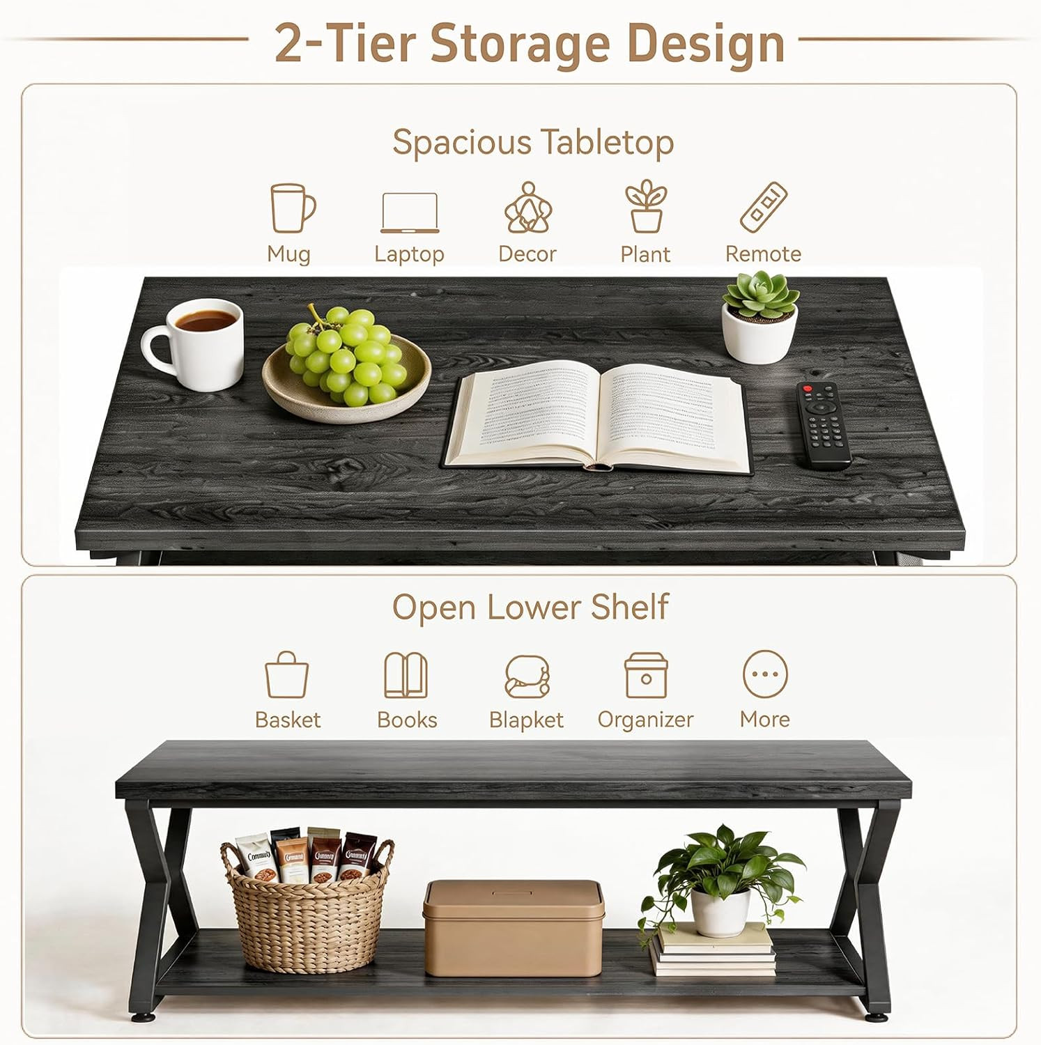 Coffee Table for Living Room, 2 Tier Rectangular Tea Table, Industrial Center Ta