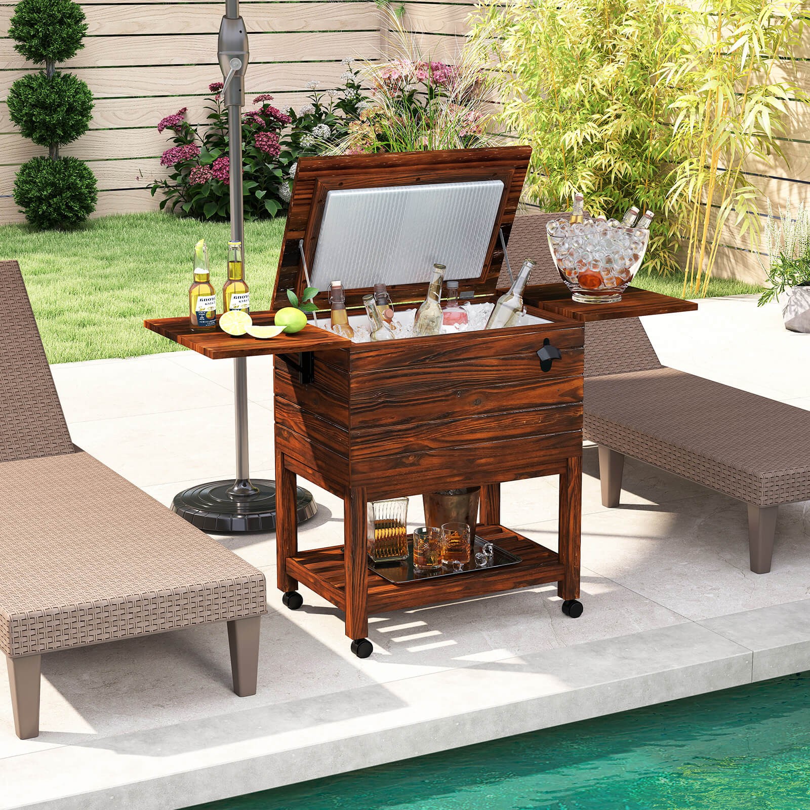 54 Quart Rolling Wooden Patio Cooler Cart with 2 Drop Leaf Tables Bottle Opener
