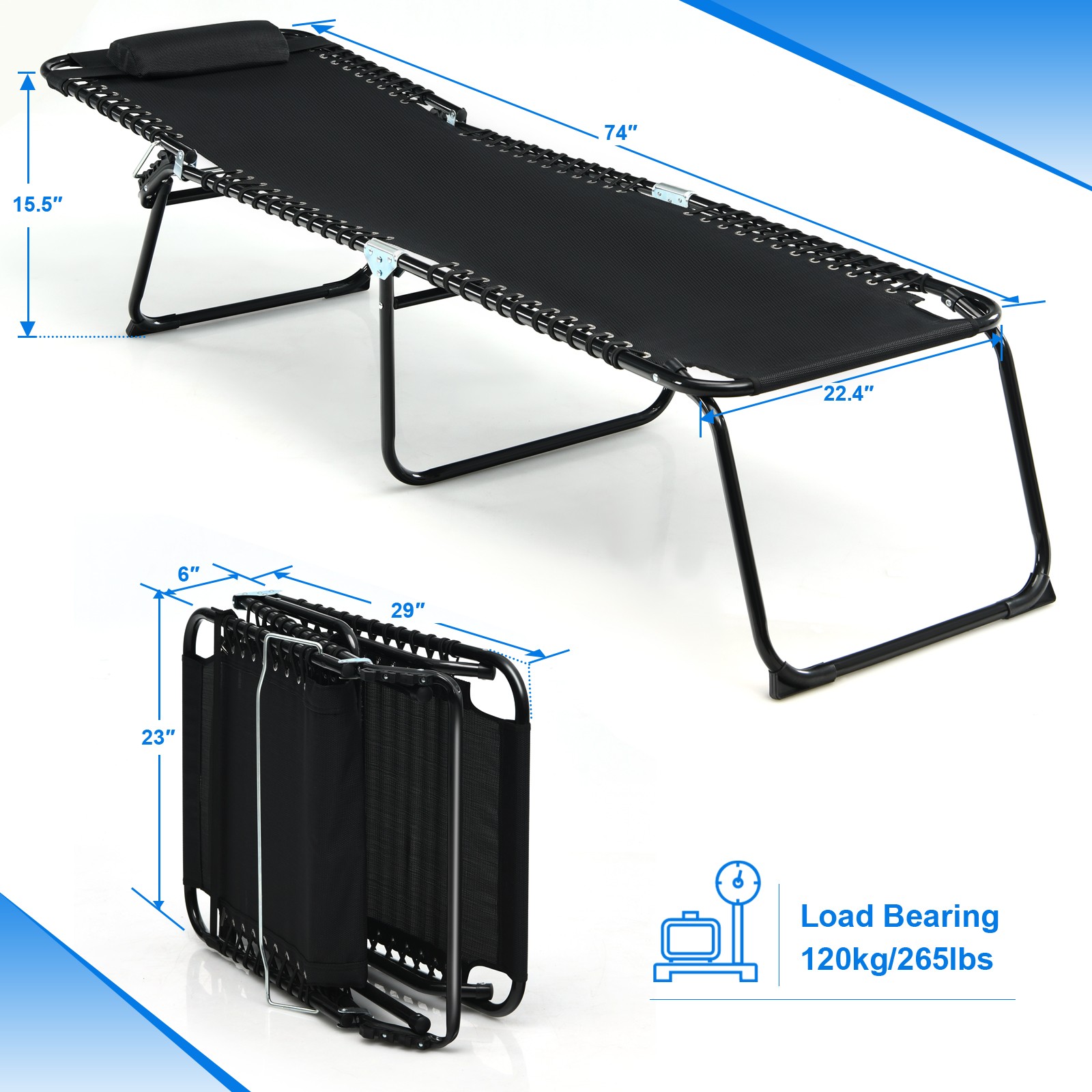 Costway Folding Beach Lounge Chair 4-Level Backrest Heightening Design Black
