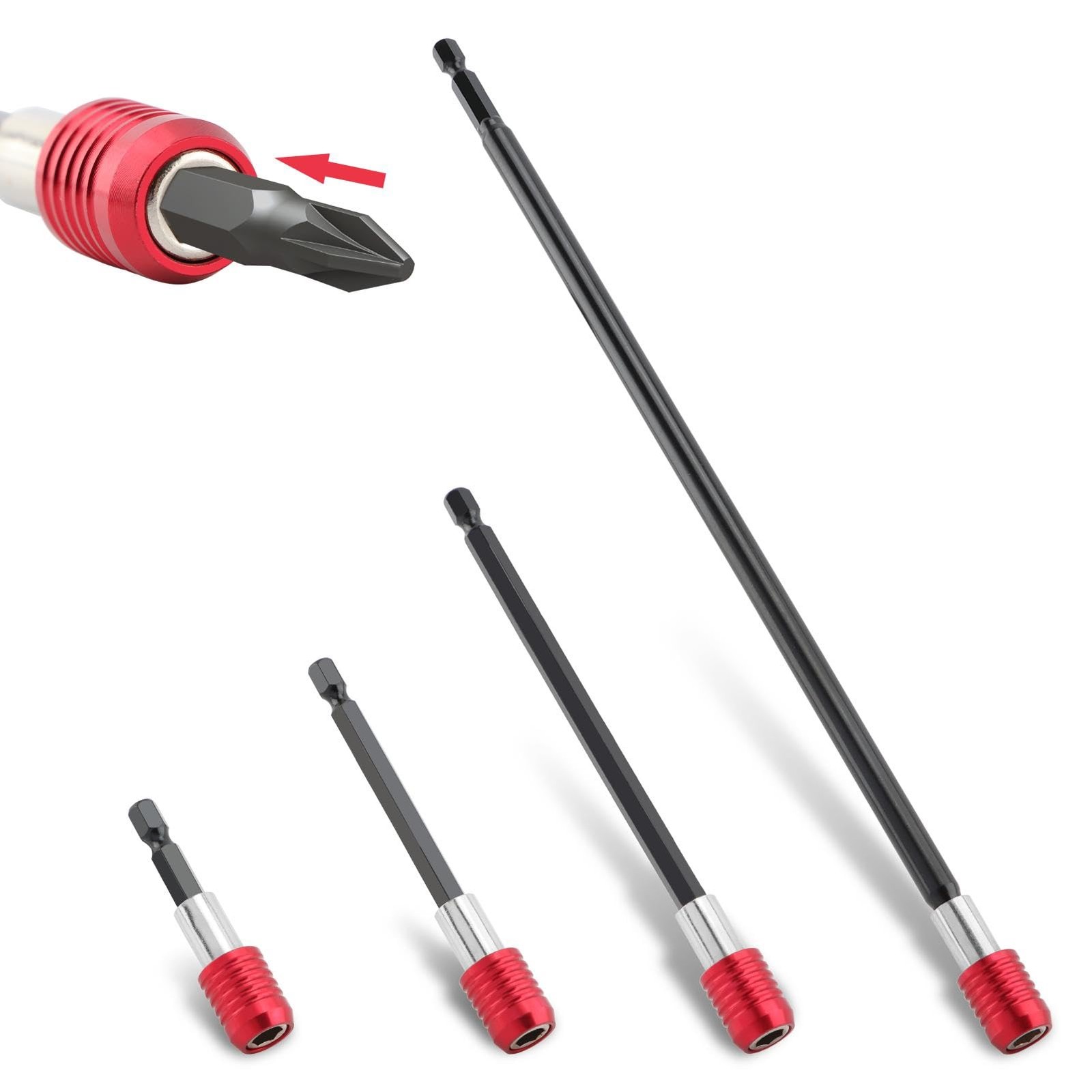 Drill Bit Extension Set, 4 Pack 1/4 Inch Hex Shank Quick Release As Shown