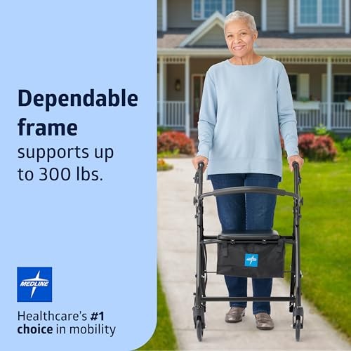 Medline Mobility Dependable Steel Rollator Walker, Black, 300 lb. Weight Capacit