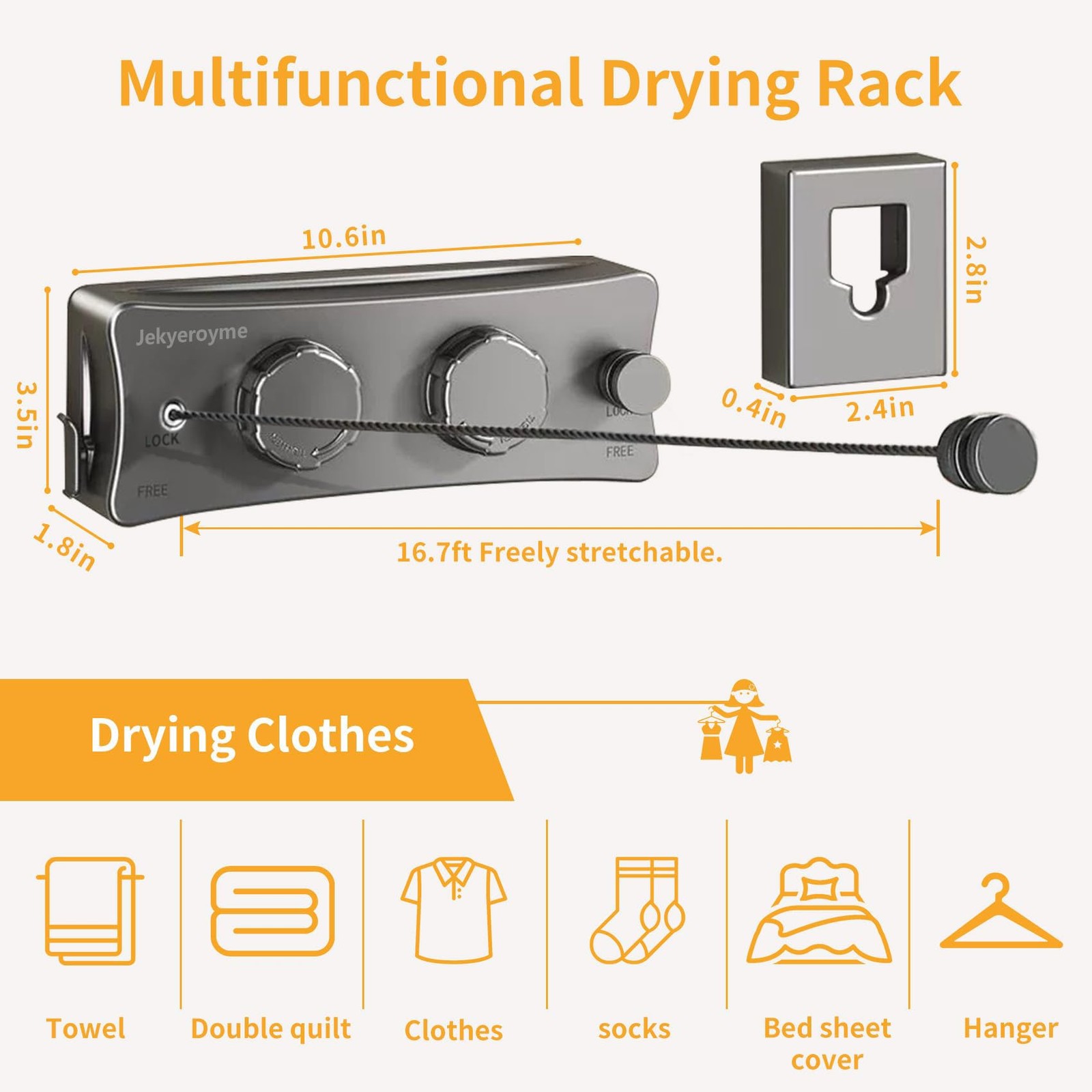 Retractable Clothesline, 16.7 Ft Stainless Wire Double Clothes Line, Grey