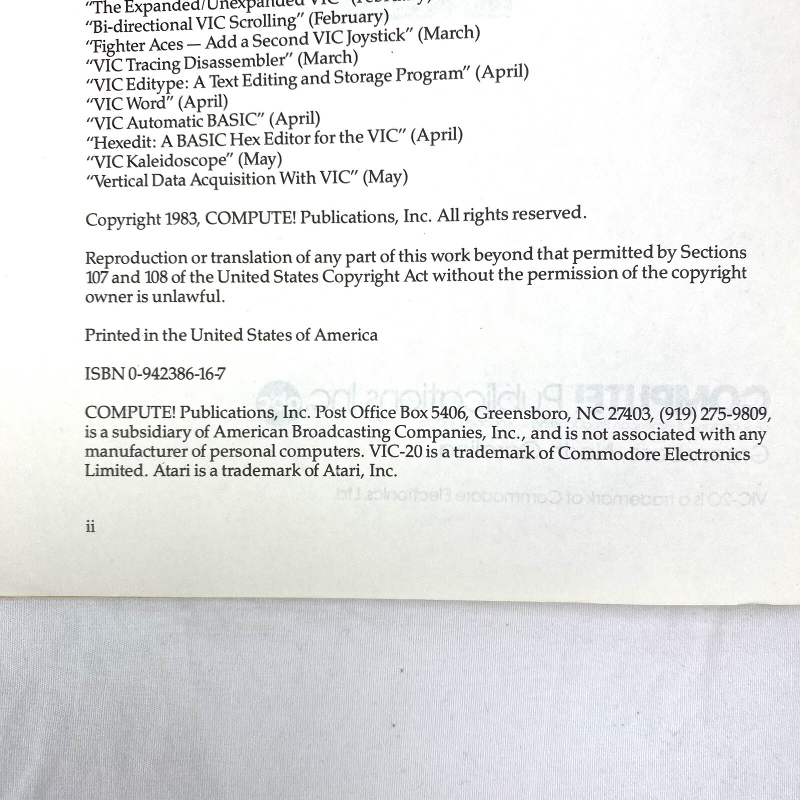 VIC 2 Book COMPUTE! Second Book of VIC Information for the VIC-20 Computer