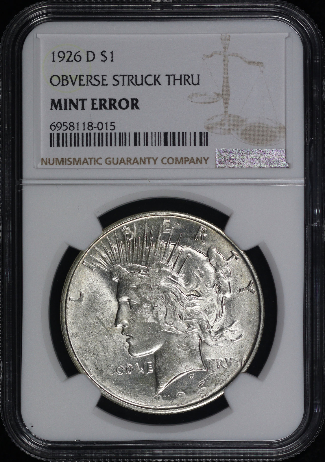 1926-D Peace Dollar NGC Mint Error Obverse Struck Thru