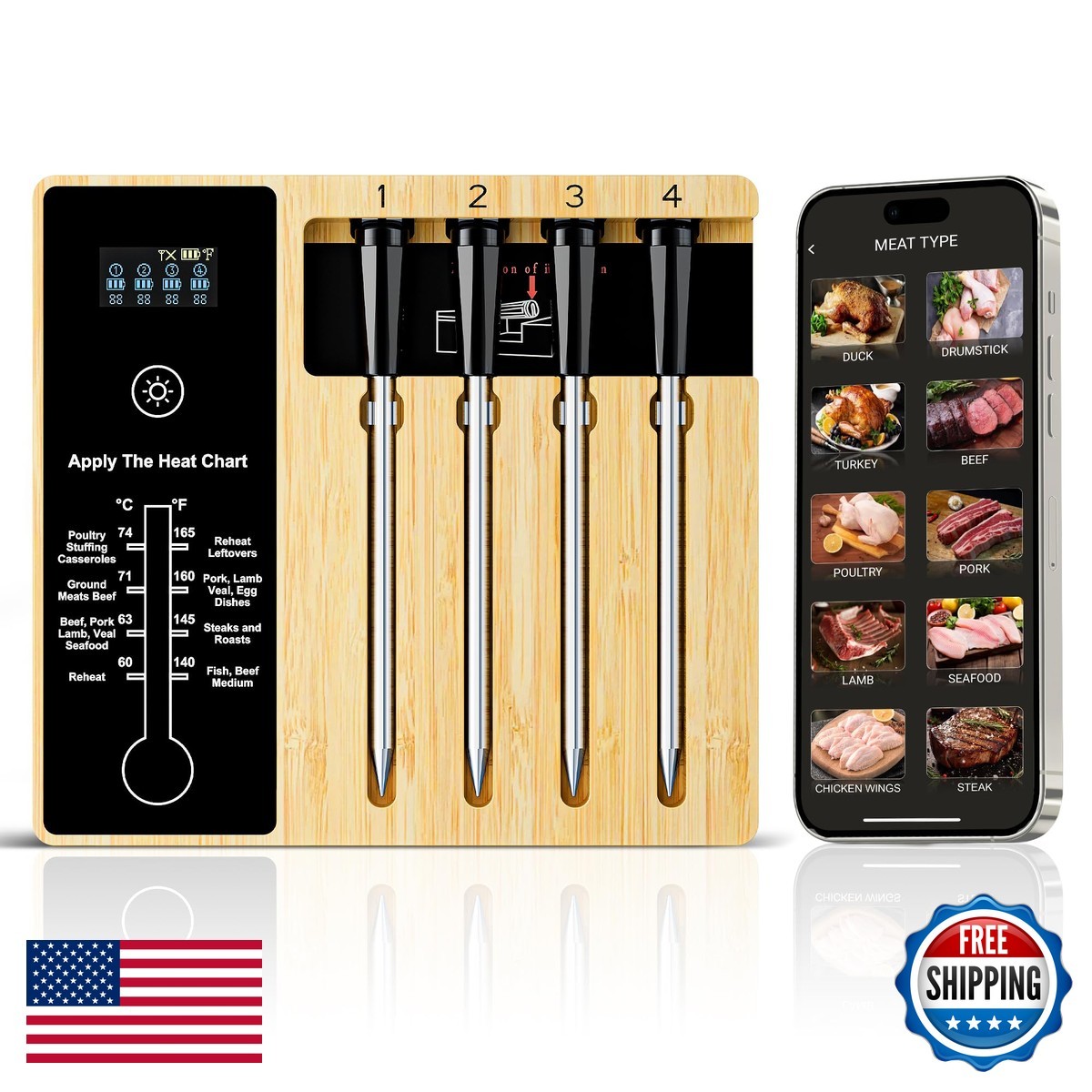 NIGOGOR FM230-N Smart Wireless Meat Thermometer 4 Probes Bluetooth Food