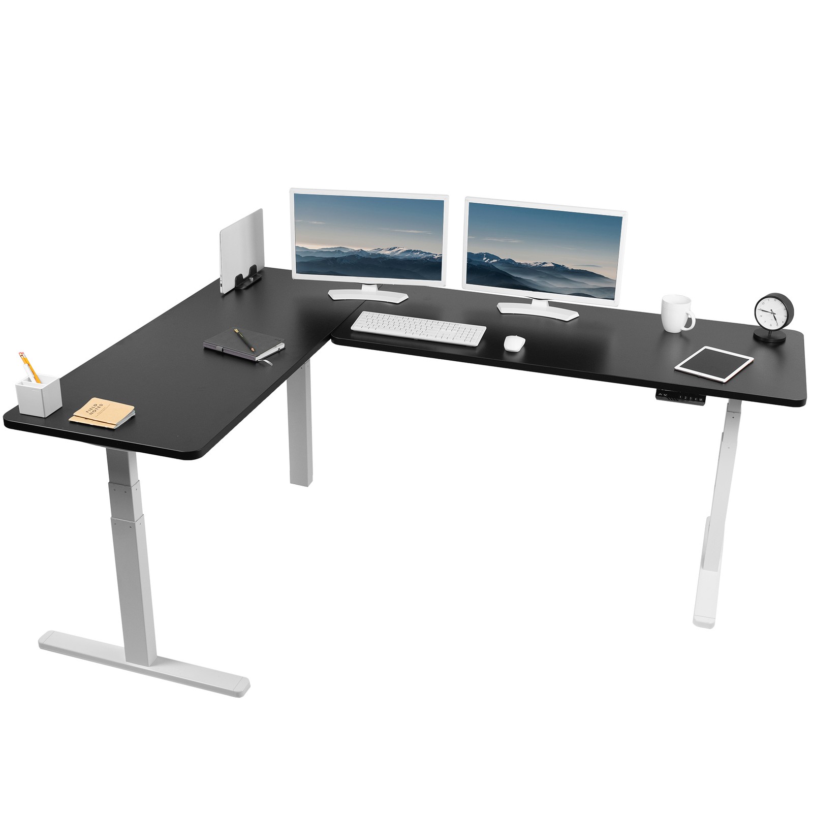 VIVO Electric 83" x 60" Stand Up Corner Desk, Black Table Tops, White Frame