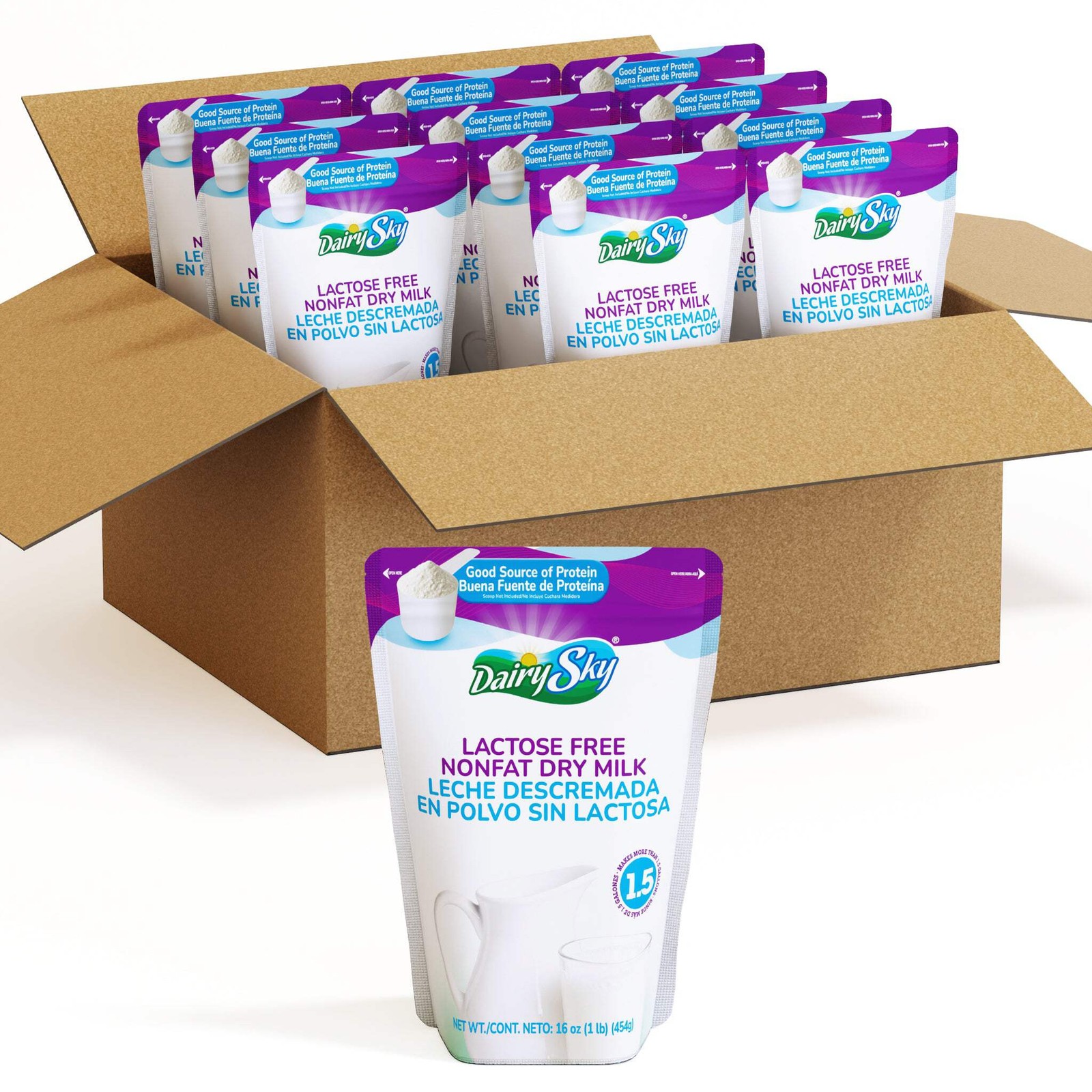 DairySky Lactose-Free Nonfat Dry Milk Powder – 1 lb (454 g) Pouch, 12-Pack Case