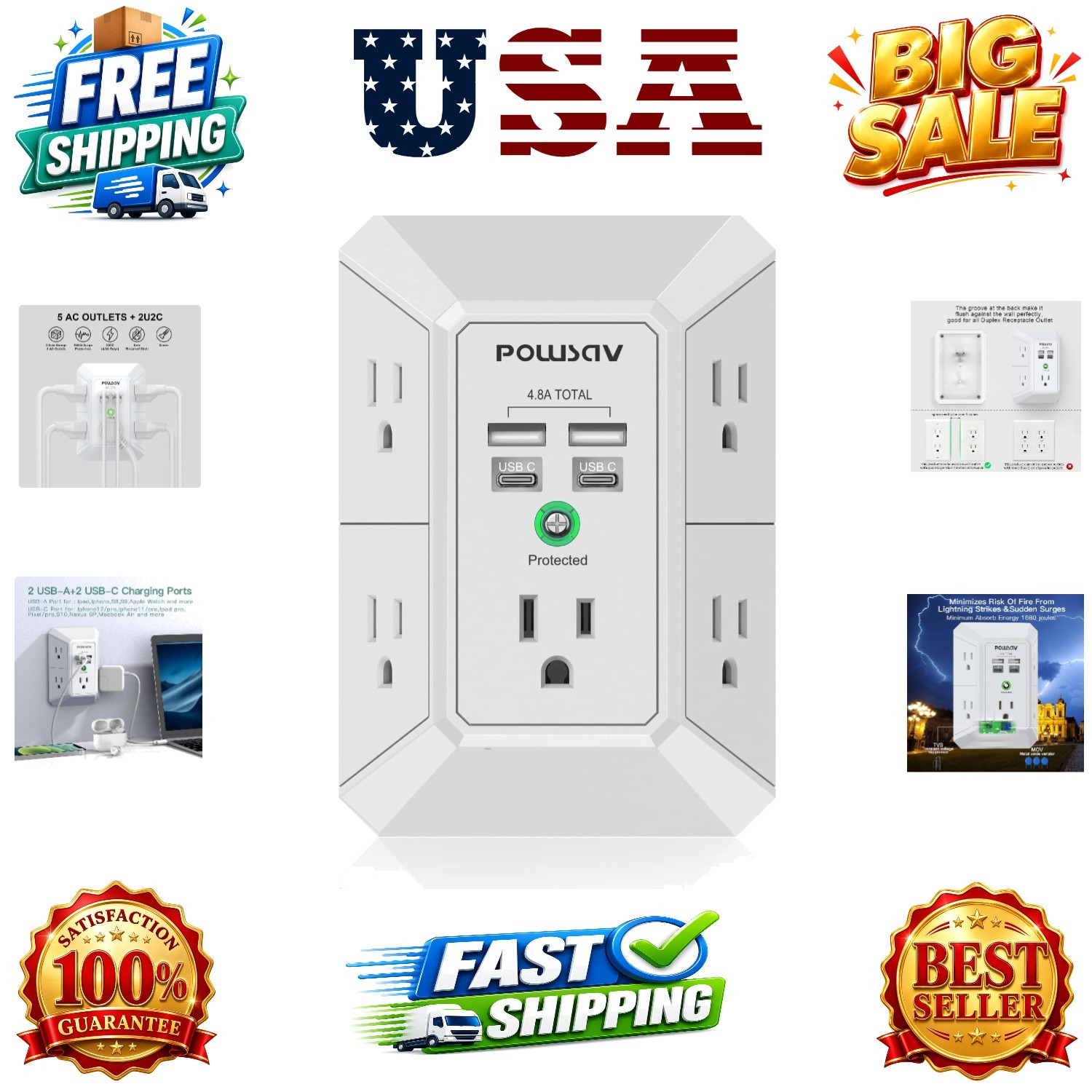 5-Outlet Power Strip with 4 USB Ports - Surge Protector for Home, Office, Sch...