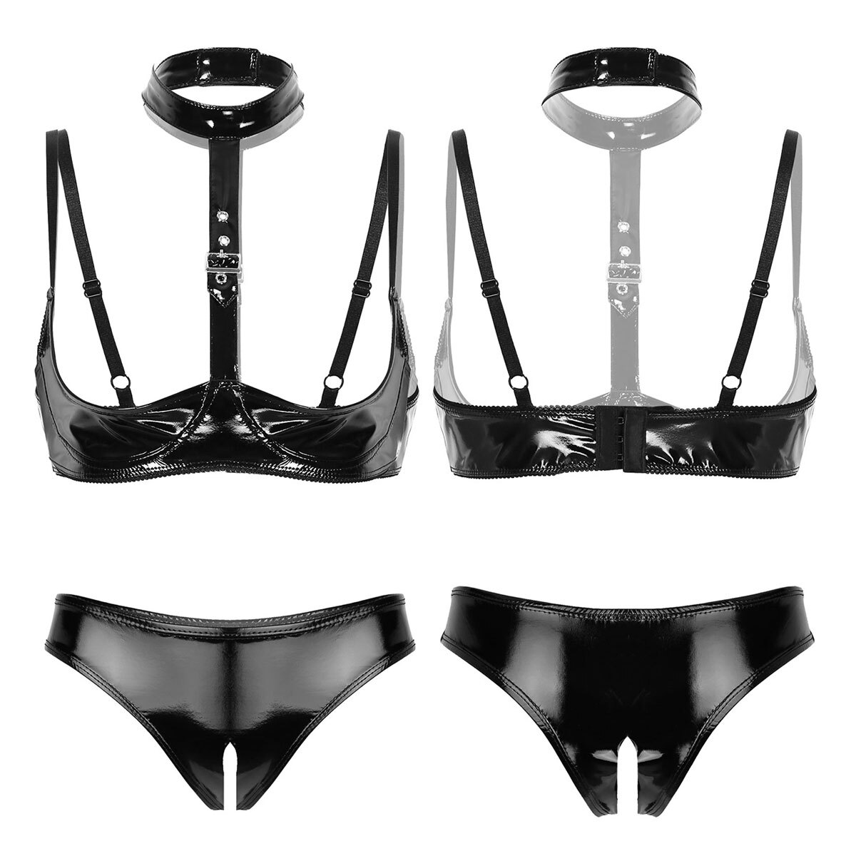 Women's PVC Leather 2 Piece Lingerie Set 1/4 Cup Shelf Bra Top Thong Underwear