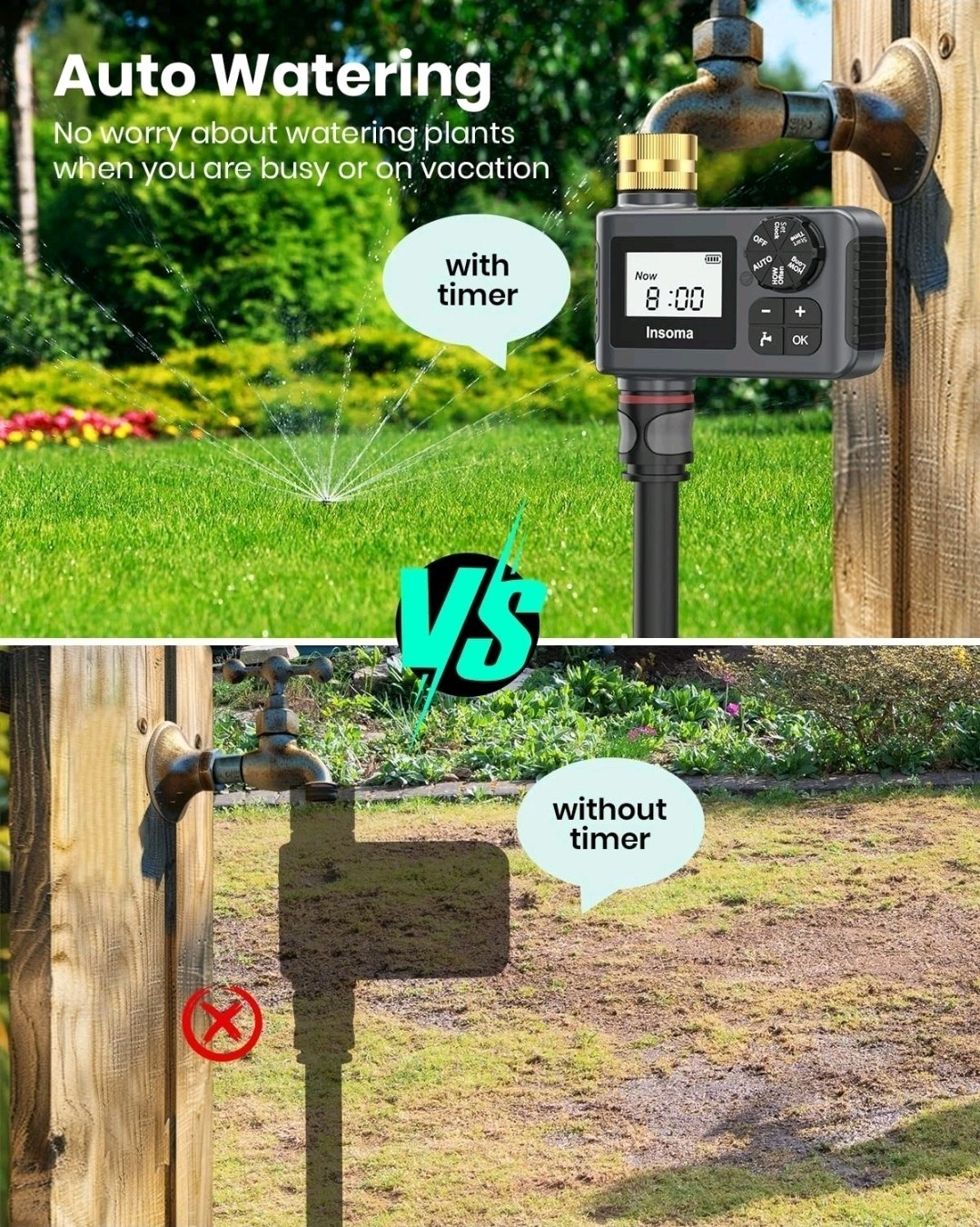 Sprinkler Timer with Brass Inlet and Outlet, Programmable Water Timer for Out...