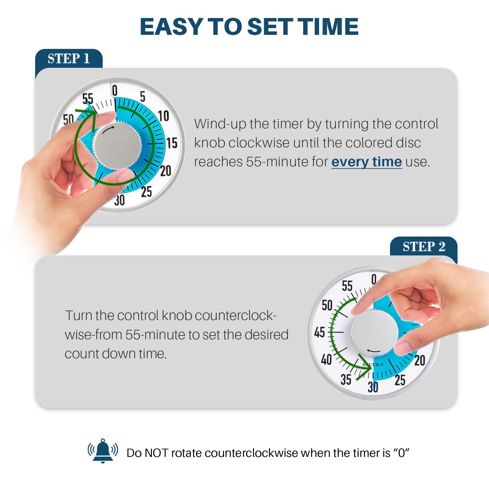 Secura 60-Minute Visual Timer - Mechanical Countdown Timer for Kids