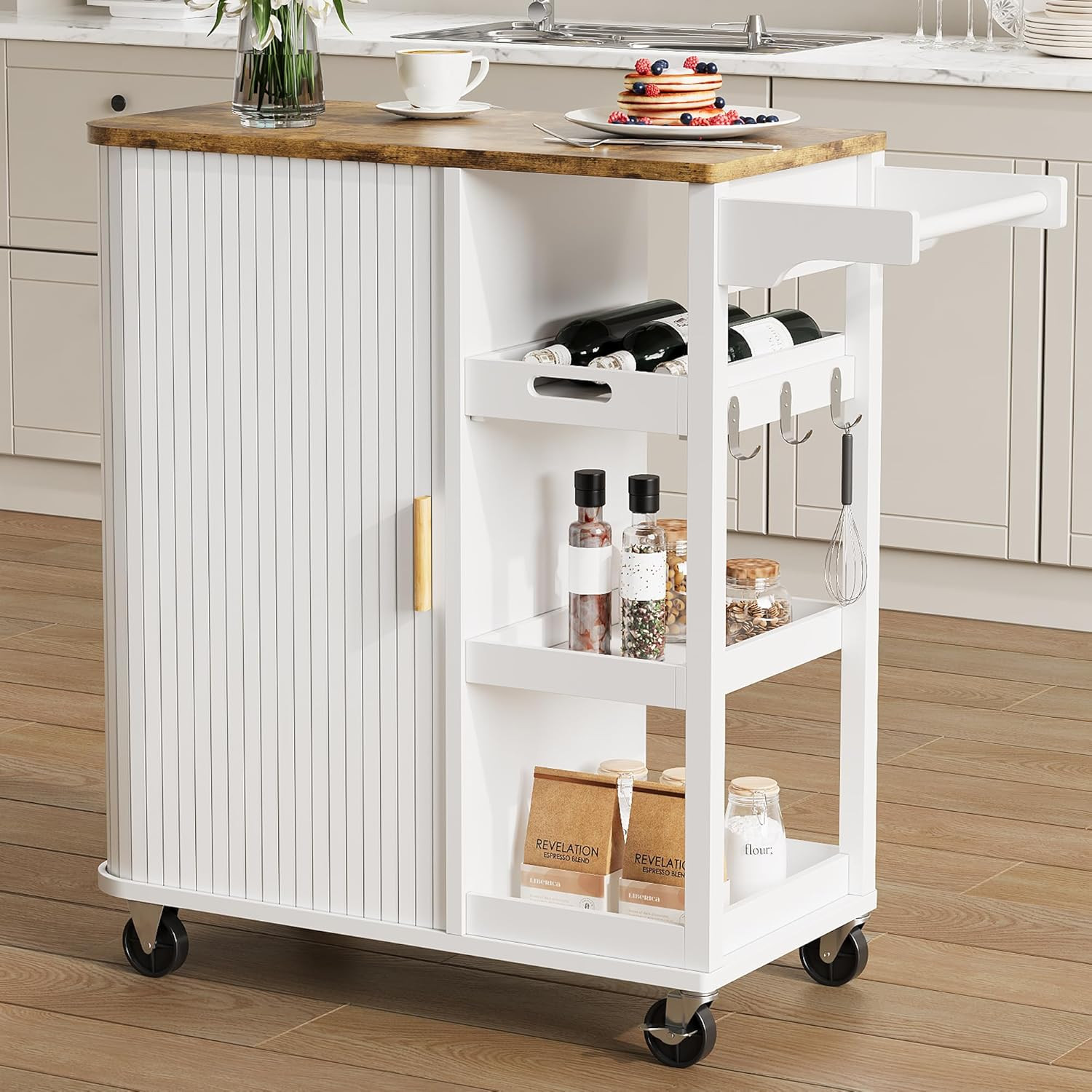 Small Rolling Kitchen Island Cart with Sliding Doors, 35.3“ Mobile Kitchen with