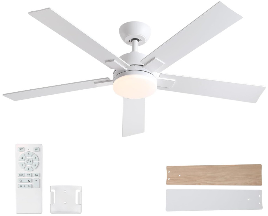 Ventilador de Techo 52" Blanco con Luz LED, Motor DC, Mando y 6 Velocidades