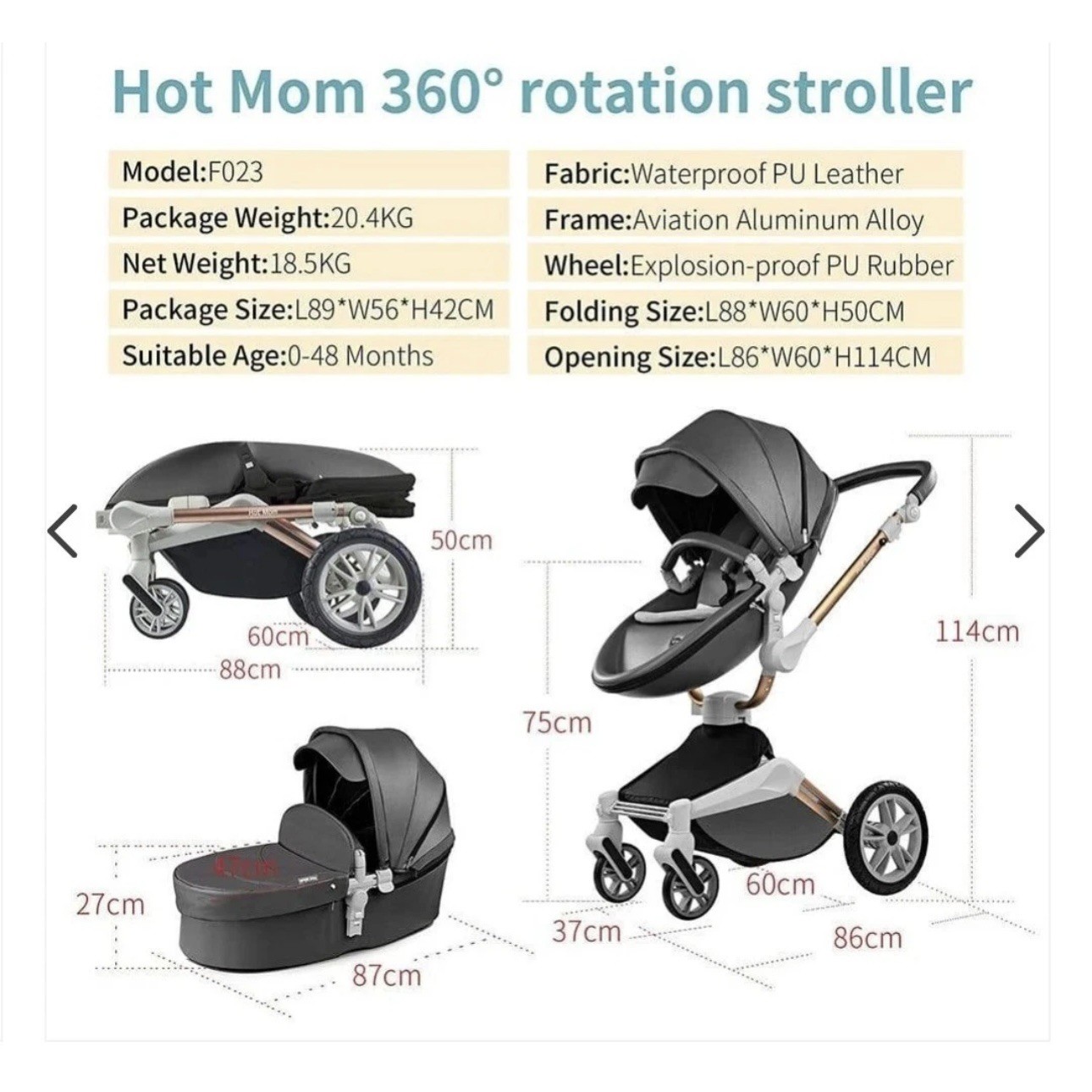 Hot Mom 2-in-1 Baby Grey Stroller with a 360° rotation function &PU leather SPF+