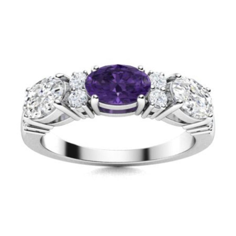 Natural Amethyst Prong Three-Stone February Birth Ring Jewelry 925 Silver