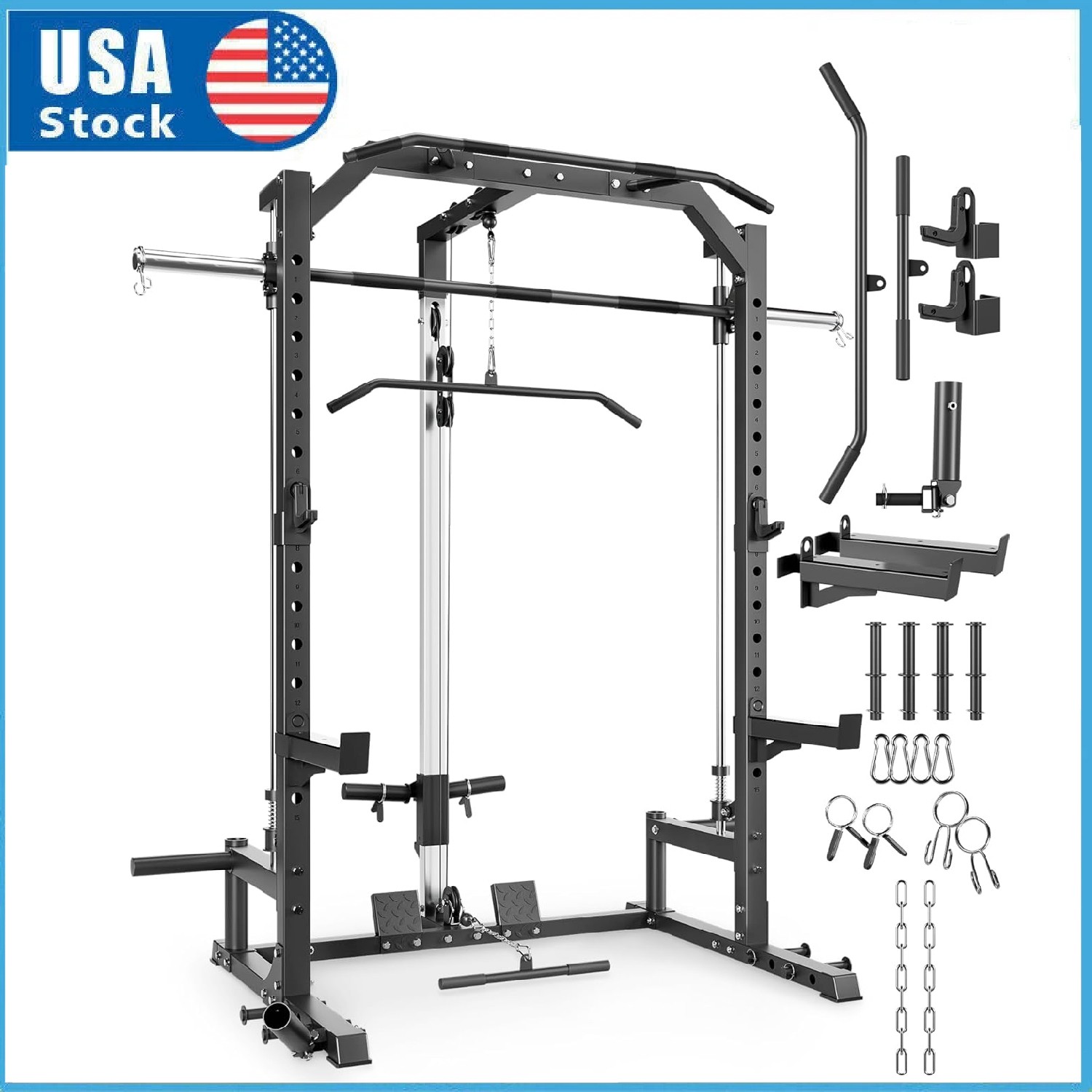 Smith Machine Power Cage w/ Barbell Bar, Cable System, LAT Pulldown for Home Gym