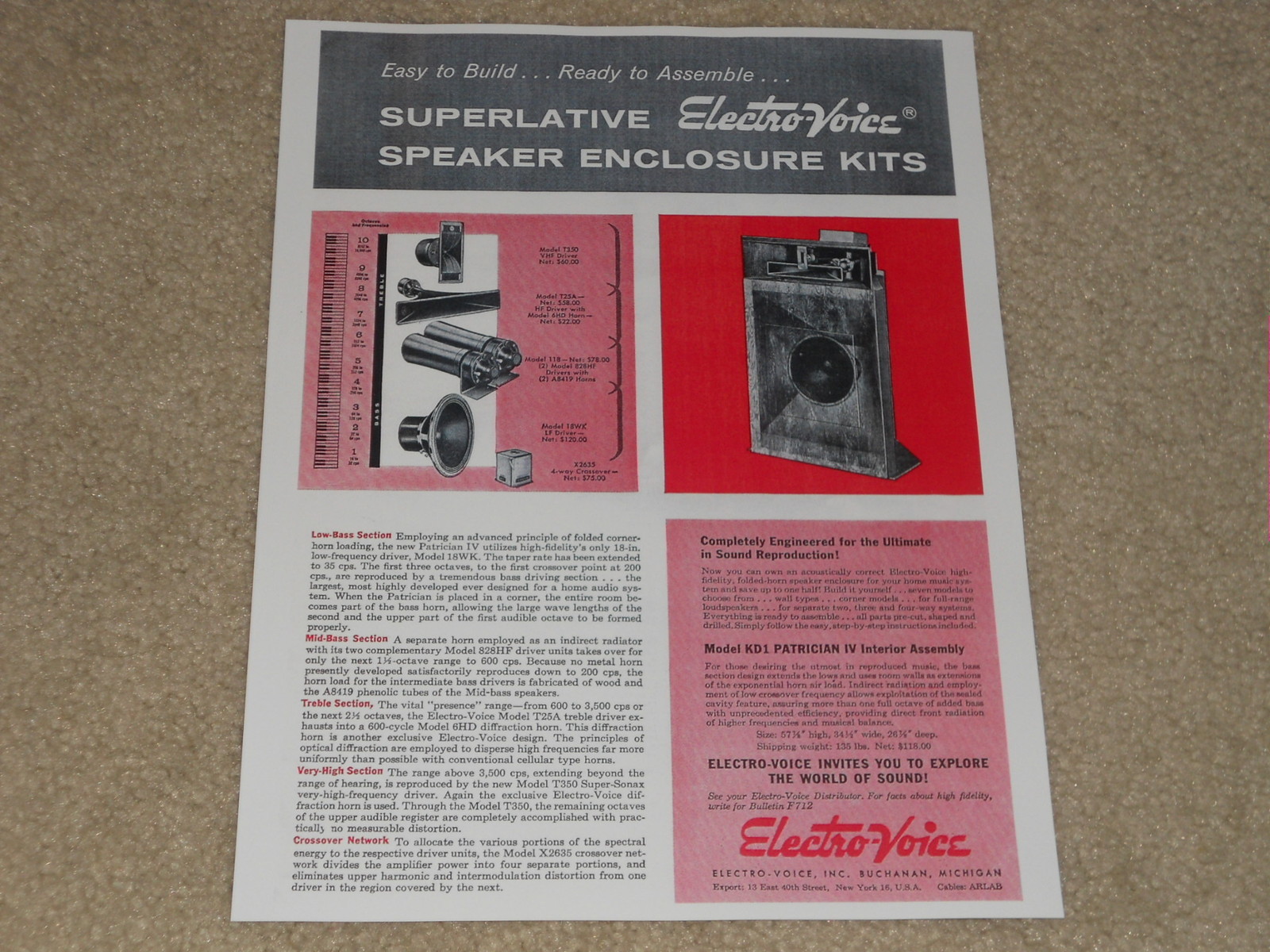 Electro-Voice Patrician IV KD1 Speaker Ad, 1957, 1 page, Article, Specs, RARE!
