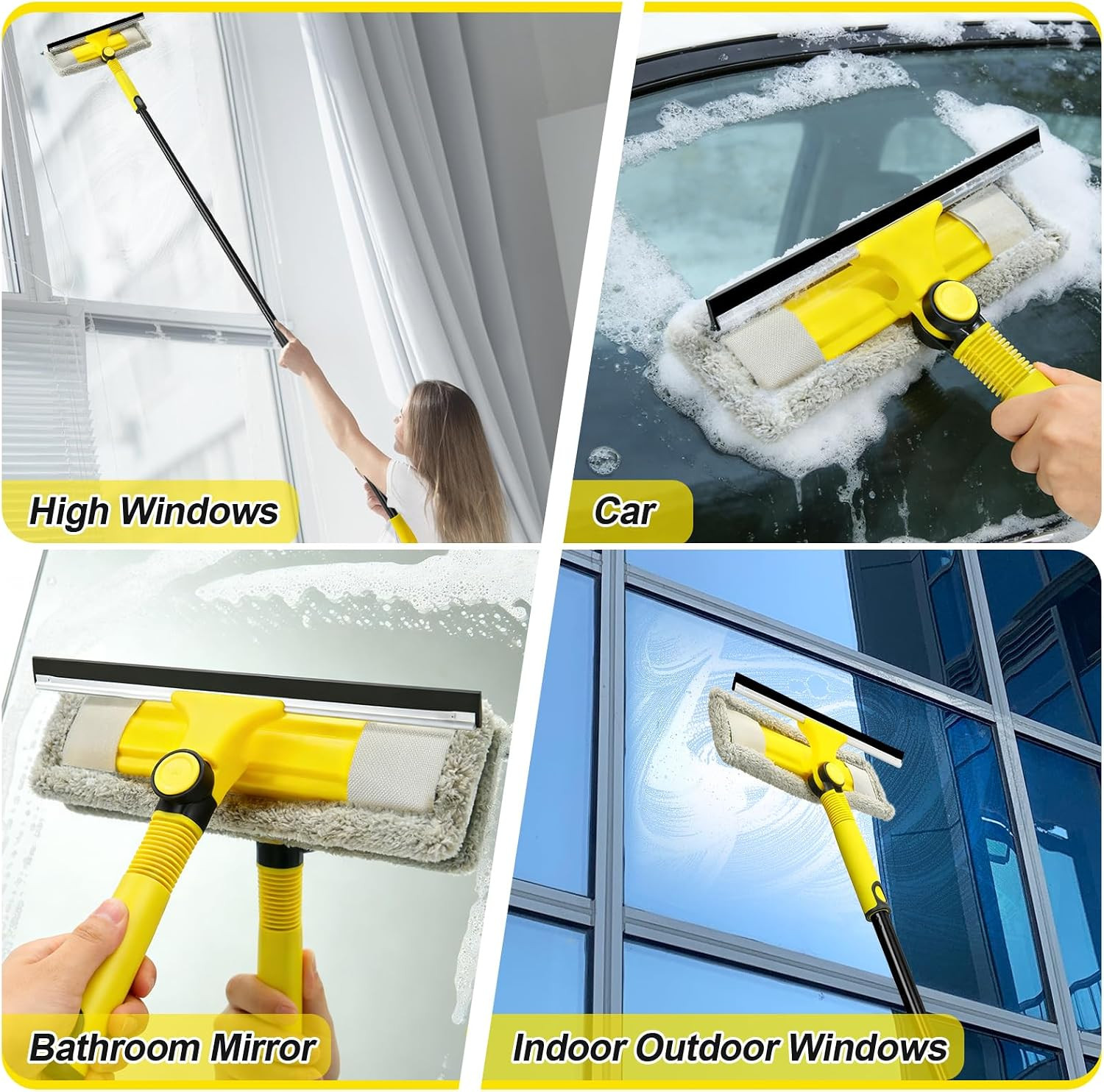 Professional Window Squeegee with 60" Extension Pole for Home | 2 in 1 Squeegee