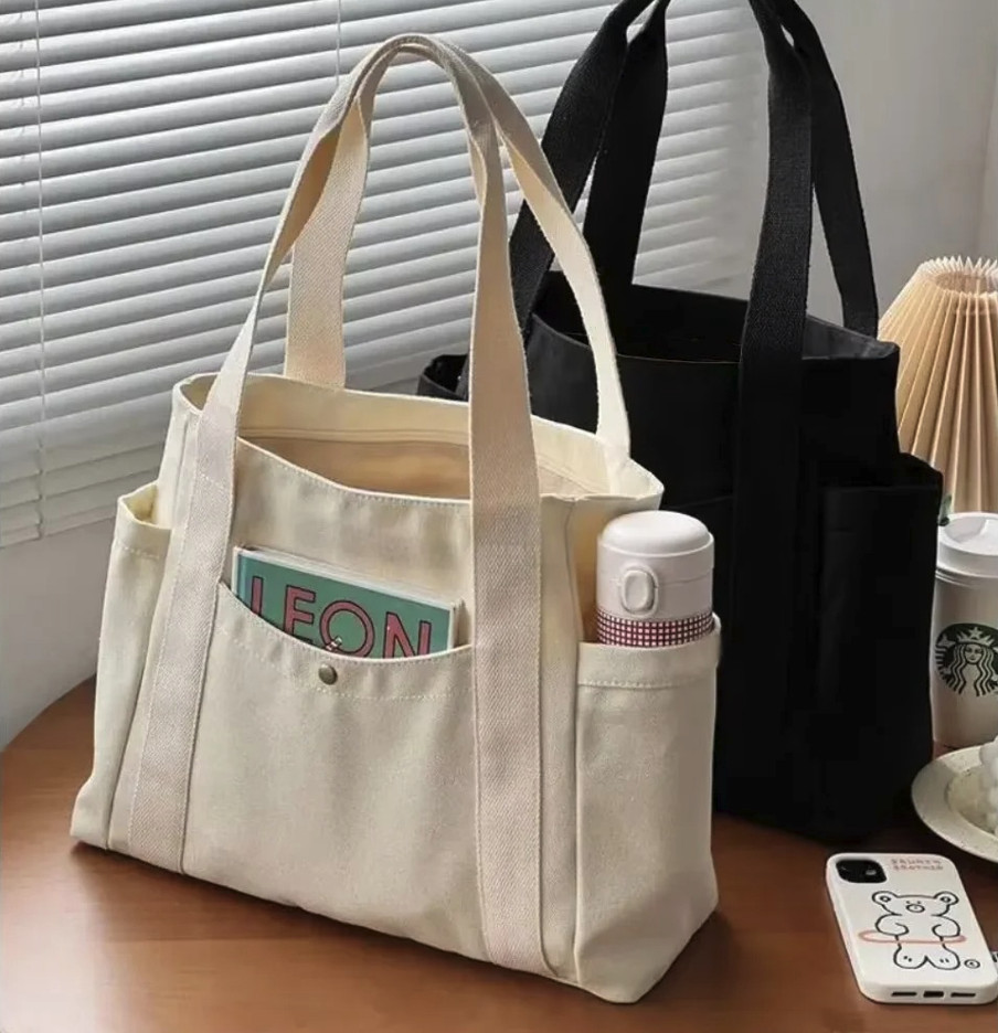 1pc Large Canvas Tote Bag College Style Shoulder Work Shopping Bag - NEW