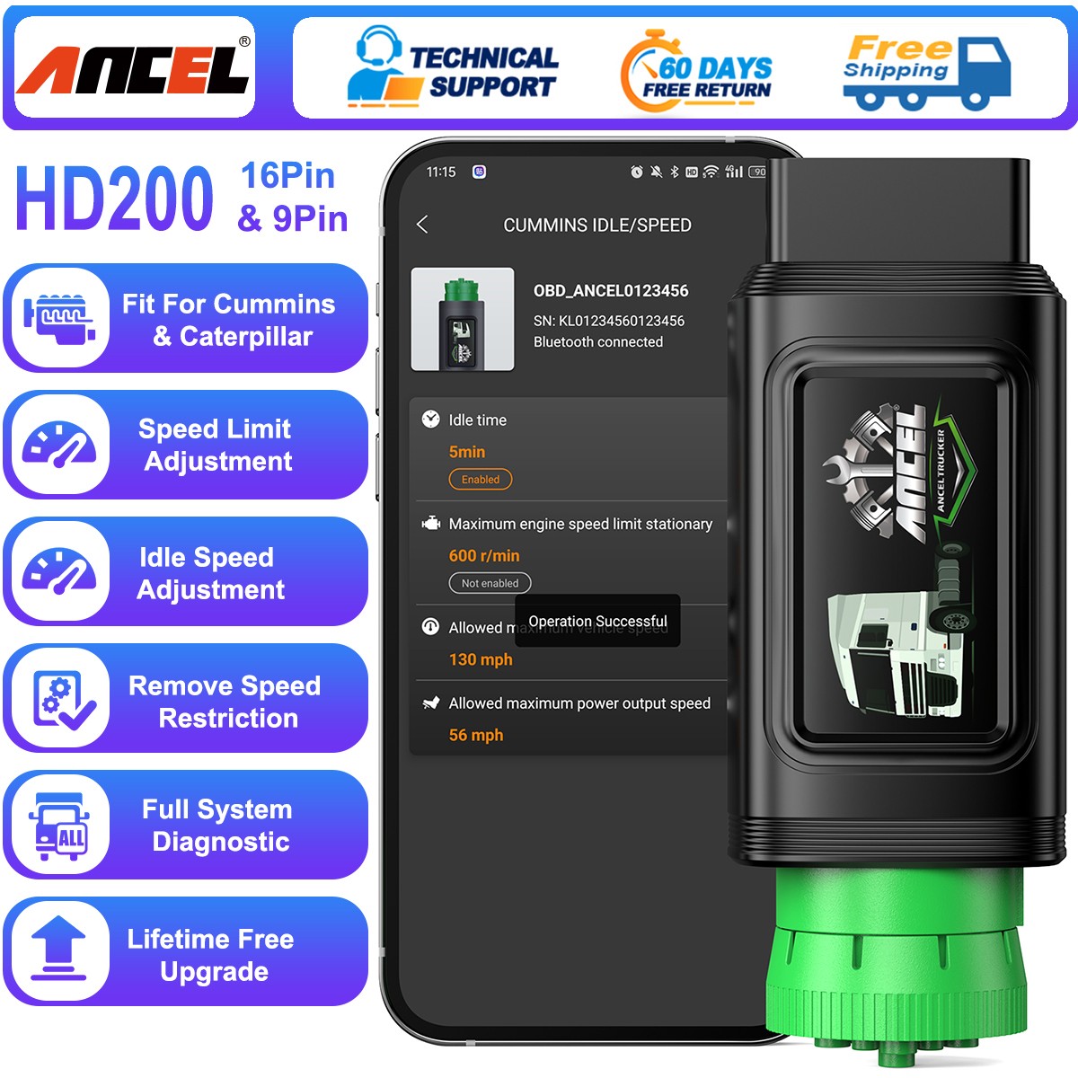 Heavy Duty Truck All System OBD Diagnostic Scanner Tool Idle Speed Limit Reset