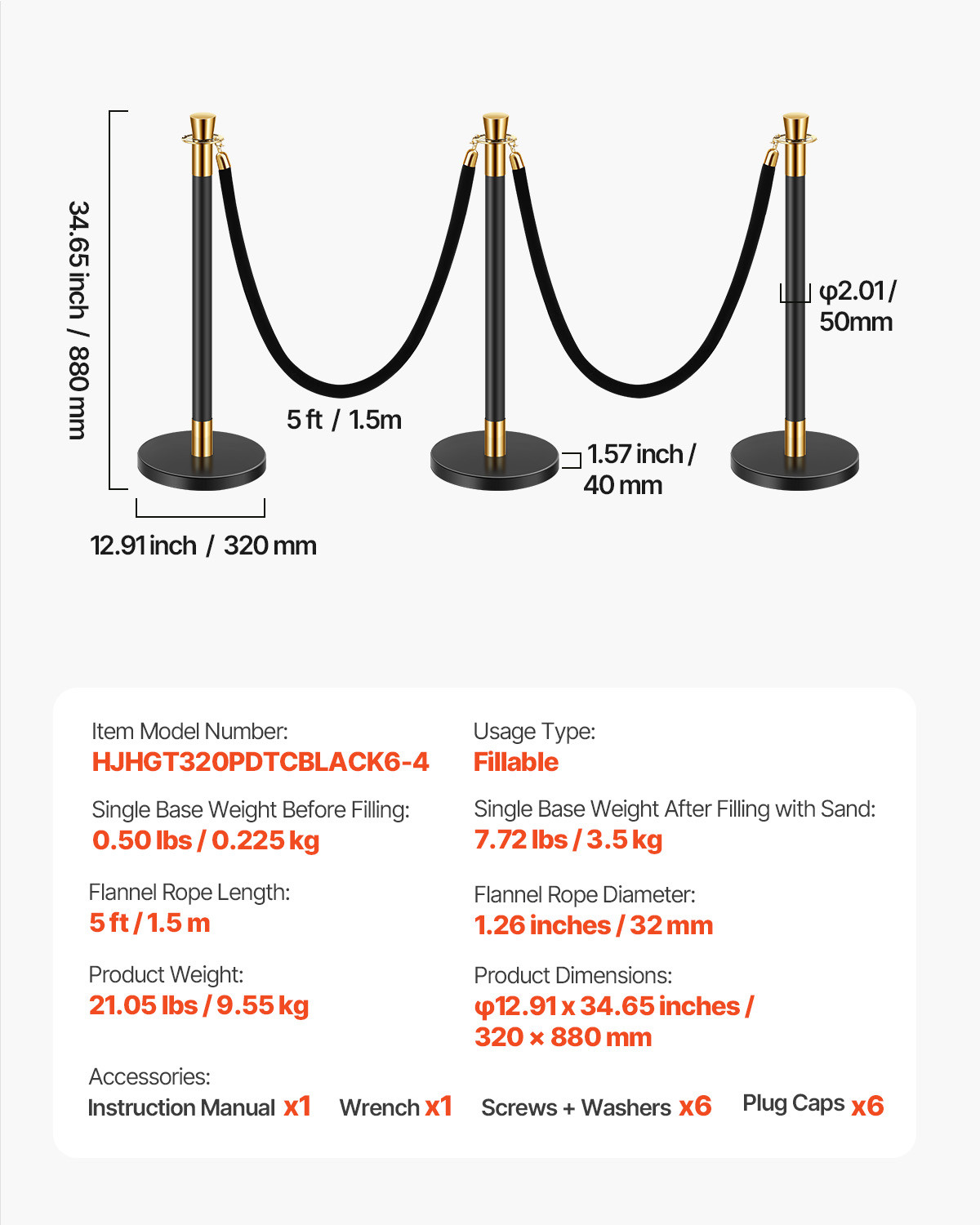 6 Pcs Stanchion Post with 4 Black Velvet Ropes Sand Injection Hollow Base