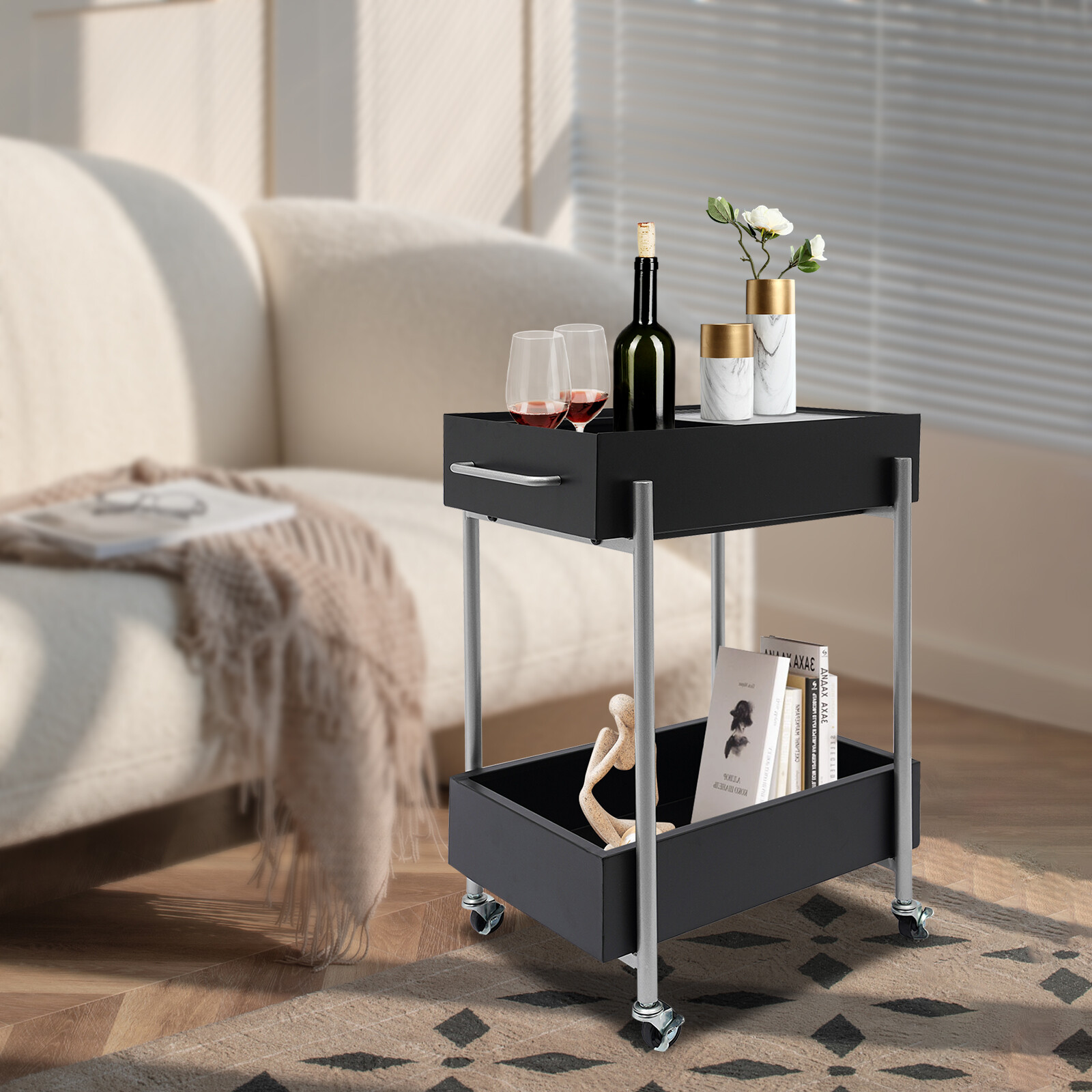 2 Tier Rolling Storage Cart Trolley Kitchen Bathroom Laundry Rolling Rack Black