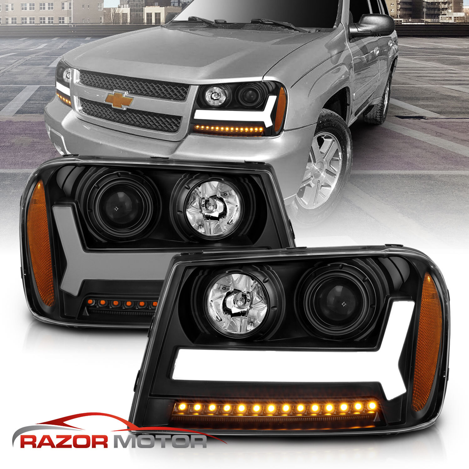 For 2006-2009 Trailblazer Black Headlights LED bar Headlight pair