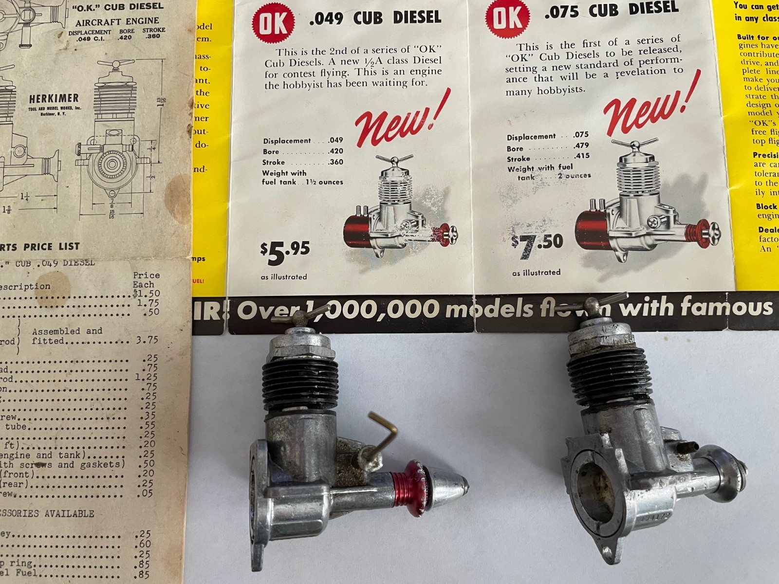 Pair of "OK Cub .074 Diesels" model airplane engines with Instructions