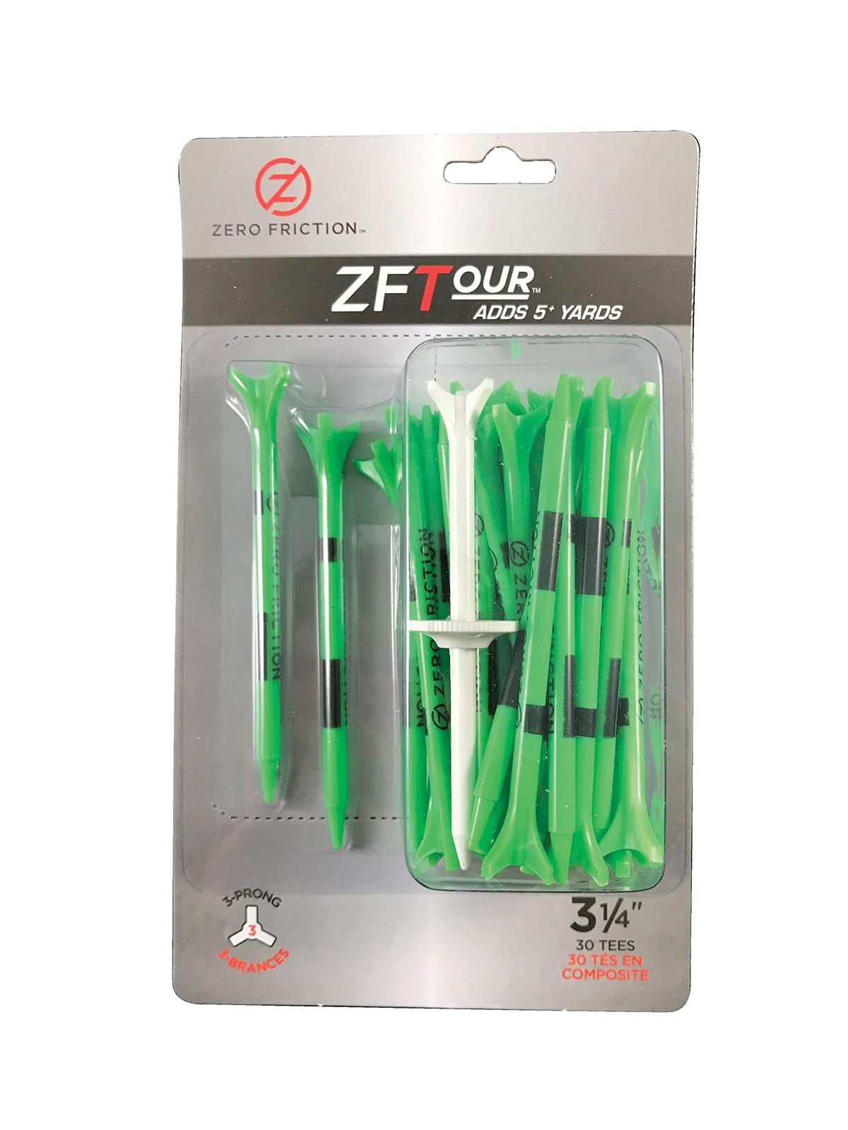 Zero Friction Tour 3-Prong Golf Tees (3-1/4 Inch, Citrus Green, Pack of 30)