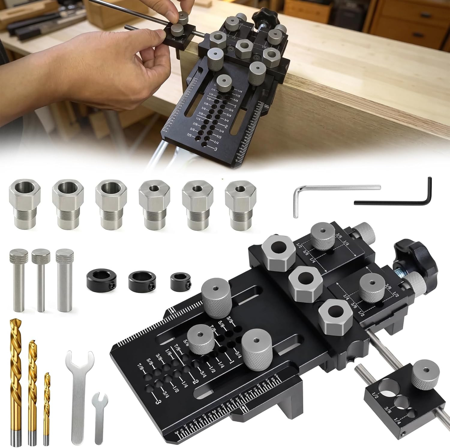 Dowel Jig Kit with Quick Positive Stop and Clamp, Precision Adjustable Doweling