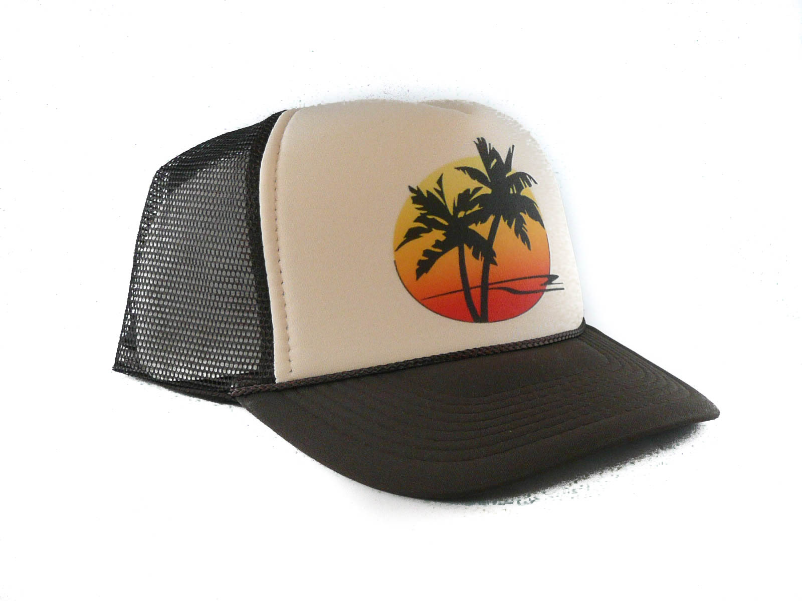 Sunset Palm Trucker Hat mesh hat snapback hat white front brown mesh New unworn