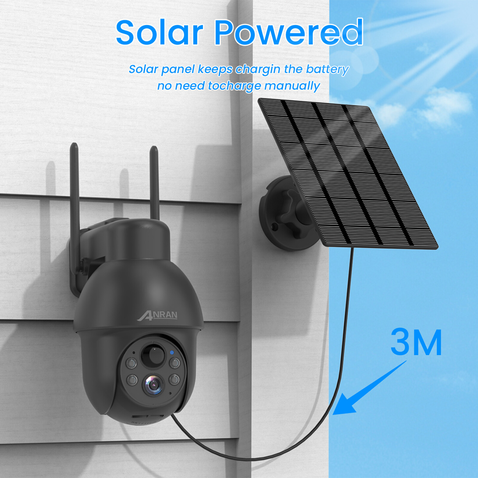 ANRAN Home Security Camera System Solar Panel 360°PTZ Wireless 3MP Outdoor Audio