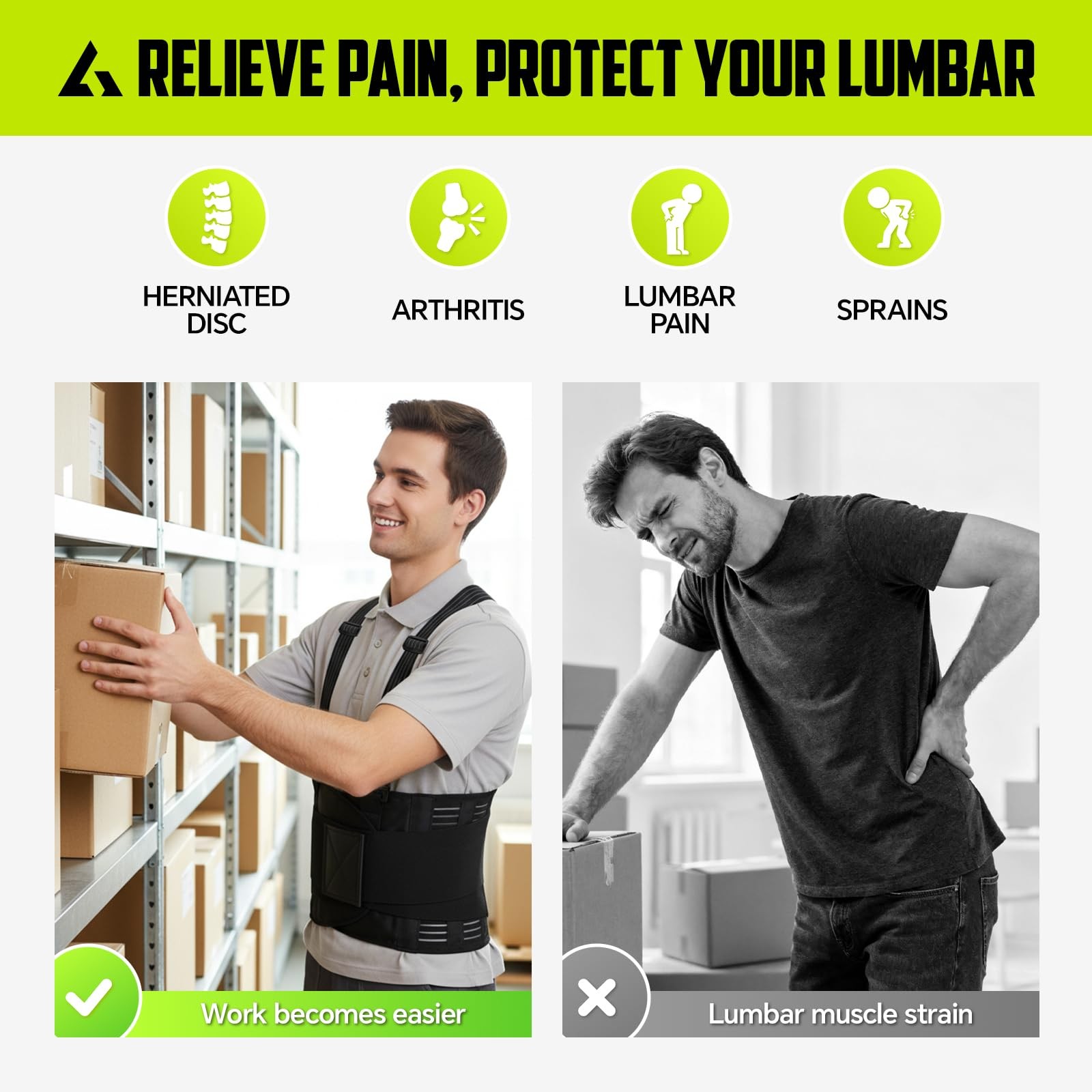 Work Back Brace with Suspenders Adjustable Lumbar Back Support Belt Men & Women