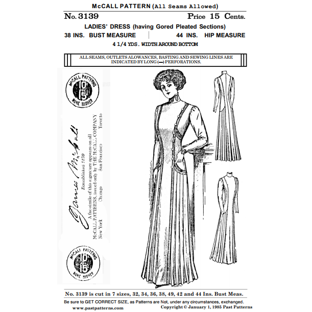 Past Patterns 3139 - Early 1910s Princess Gown Sewing Pattern bust size 38"
