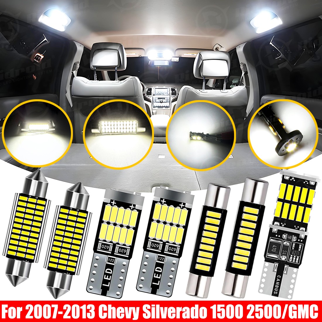 12X White LED Interior Light Package Kit For 2007-2013 Chevy Silverado 1500 2500