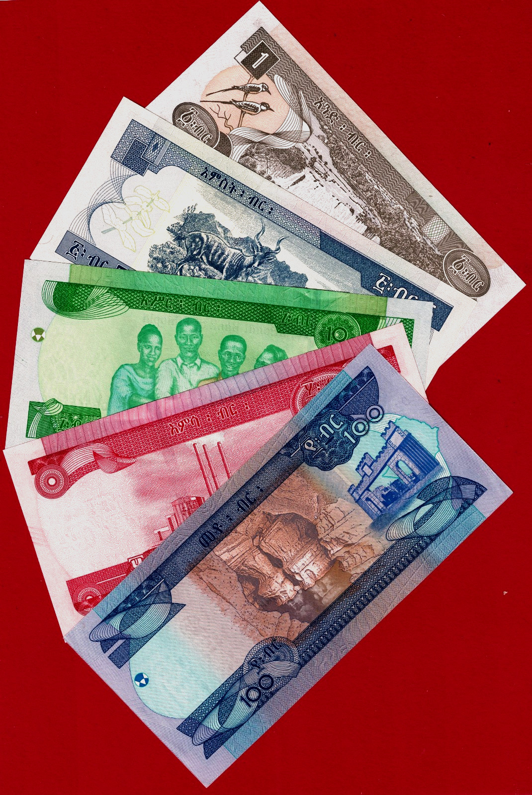 ETHIOIPIA 5 UNC NOTES 1, 5, 10, 50, & 100 Birr Diff Years, Prefixes & Signatures