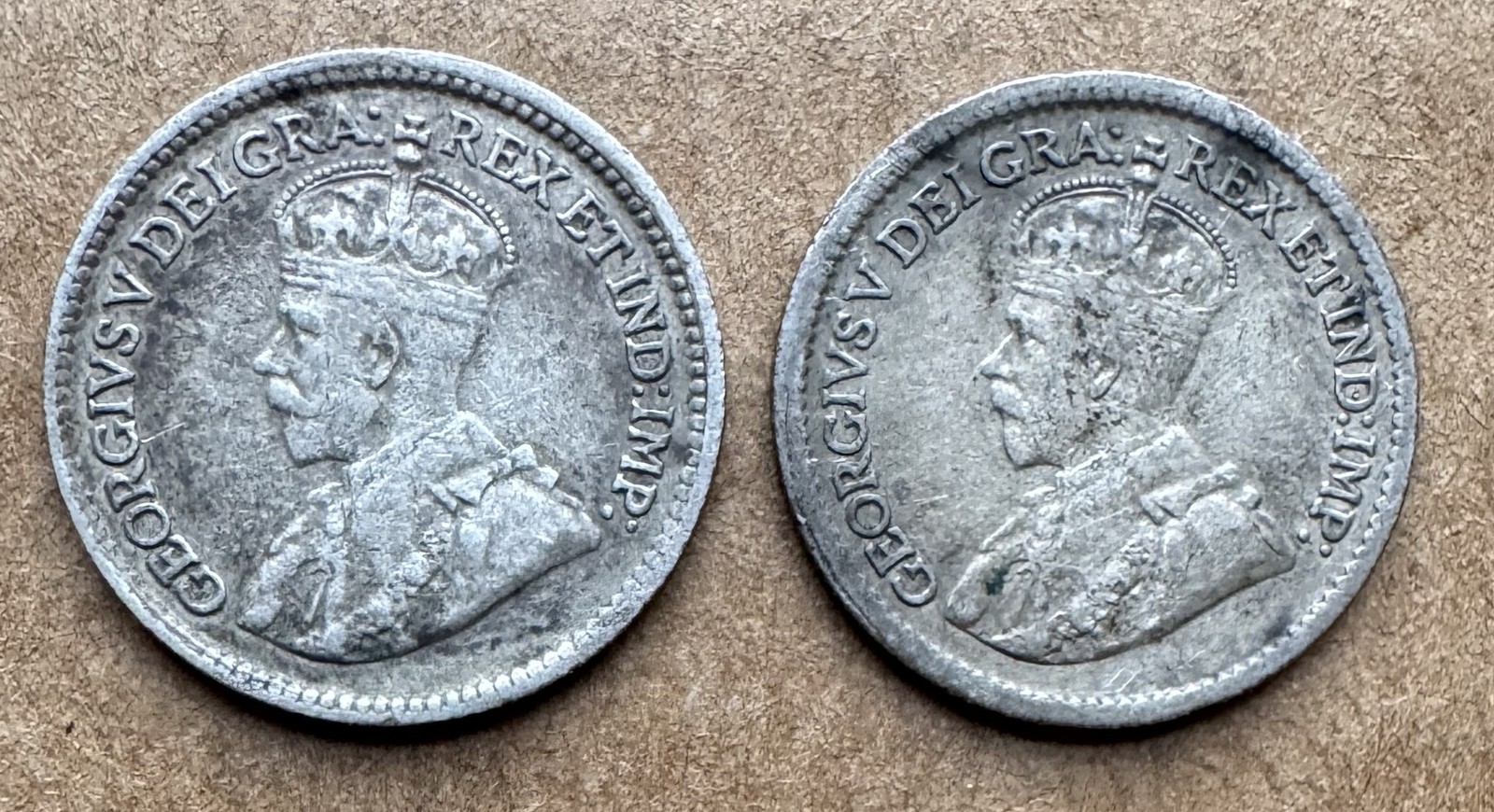 2 COIN LOT CANADA 5 CENTS 1914 & 1917 .925 SILVER FIVE CENTS GEORGE V KM#22 VF