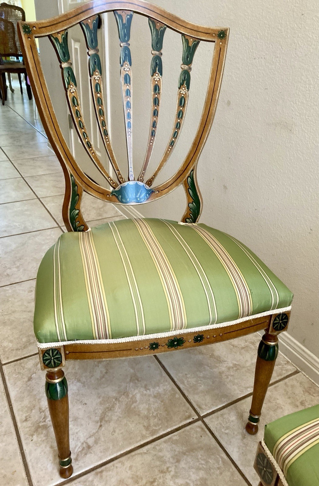 SET 7 Hepplewhite Polychrome Painted Dining Chairs