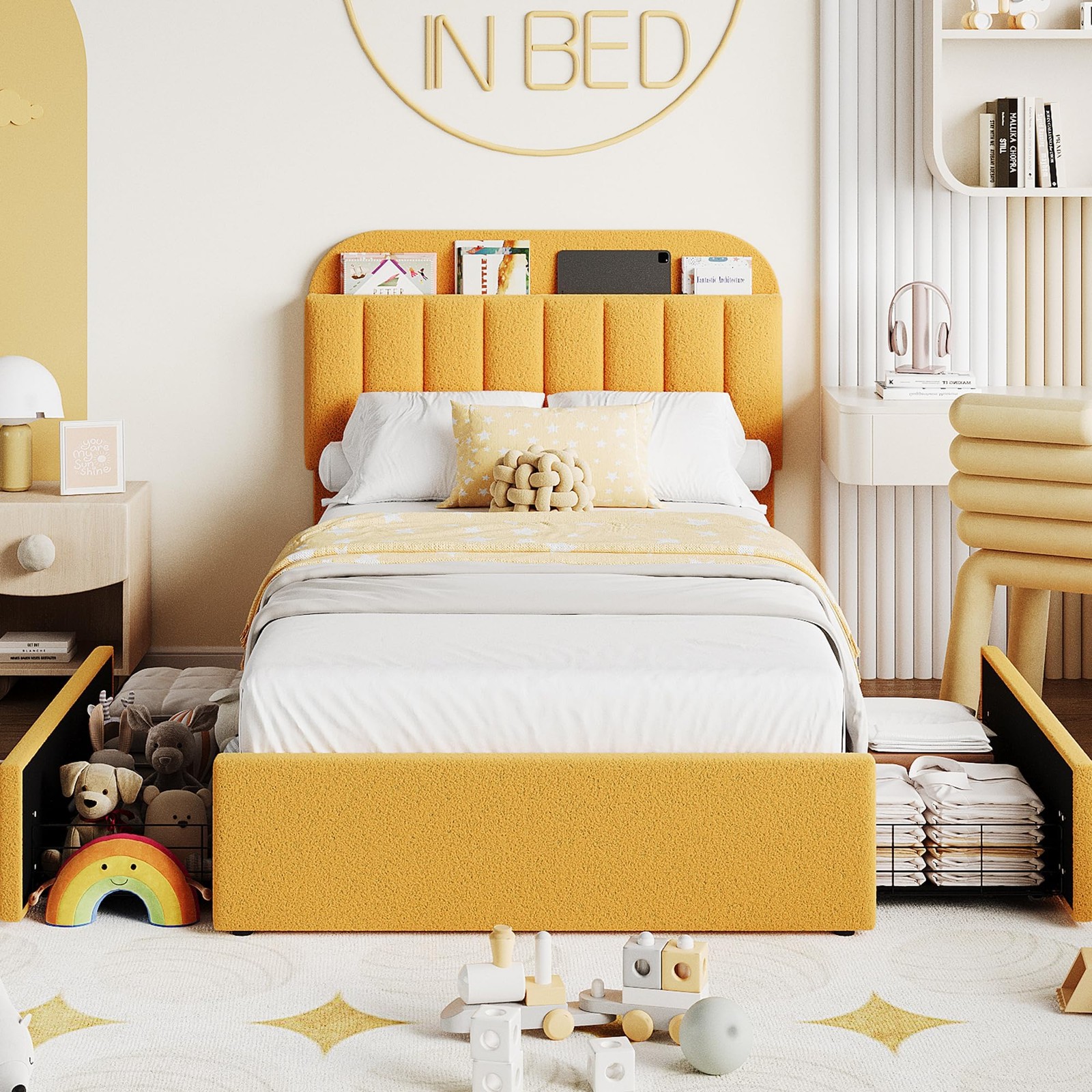 Twin Size Bed Frame w/Storage Headboard ,Upholstered Platform Bed & Drawers Home