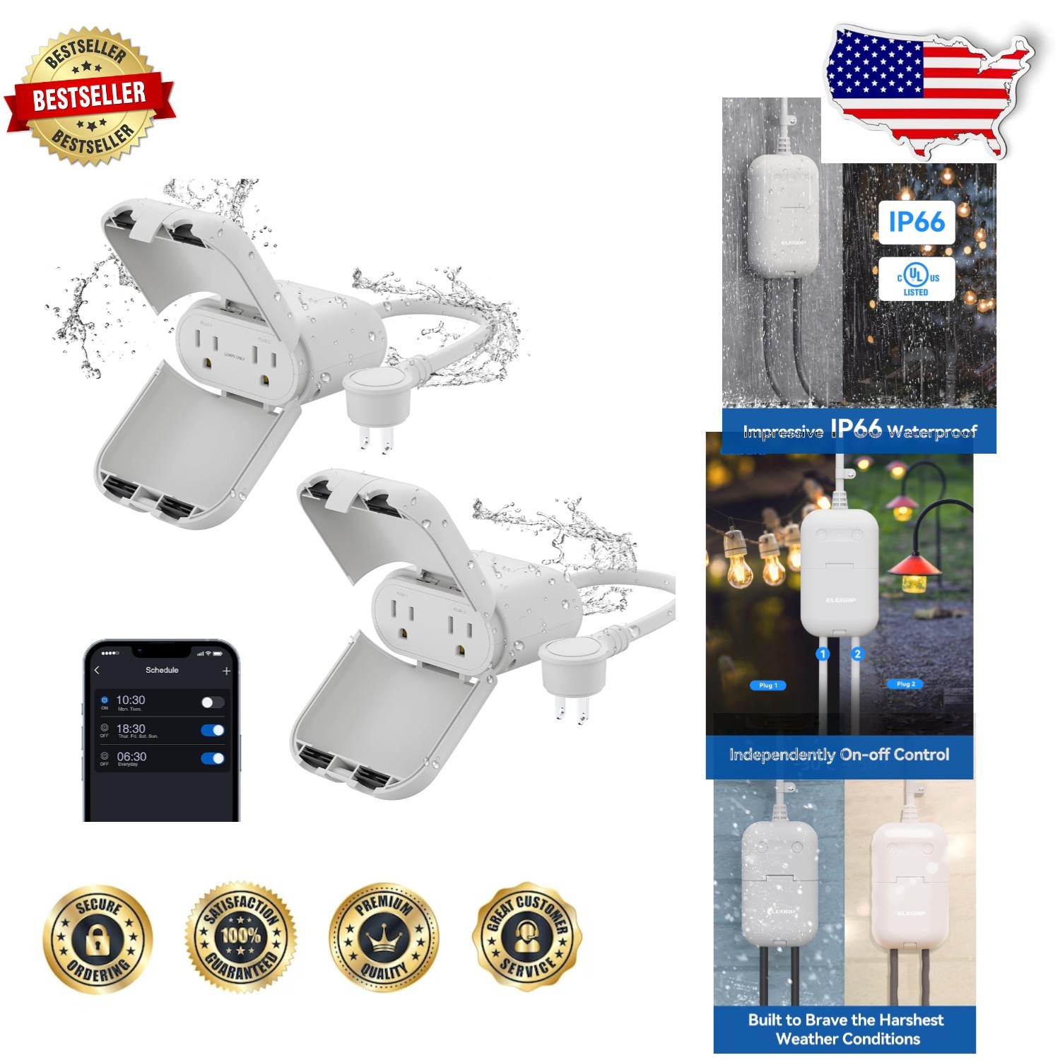 Smart Outdoor Outlet 2 Individually Controlled Sockets WiFi Alexa Google
