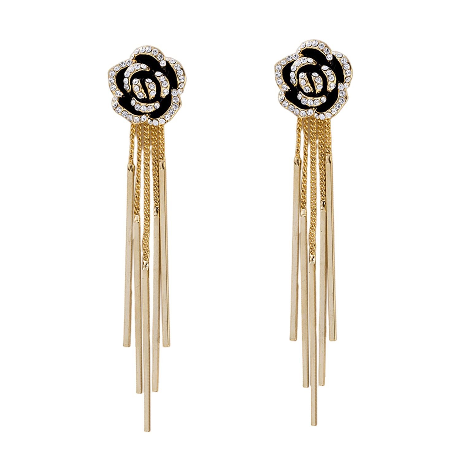 Rhinestone Pendant Black Rose Floral Tassel Earrings