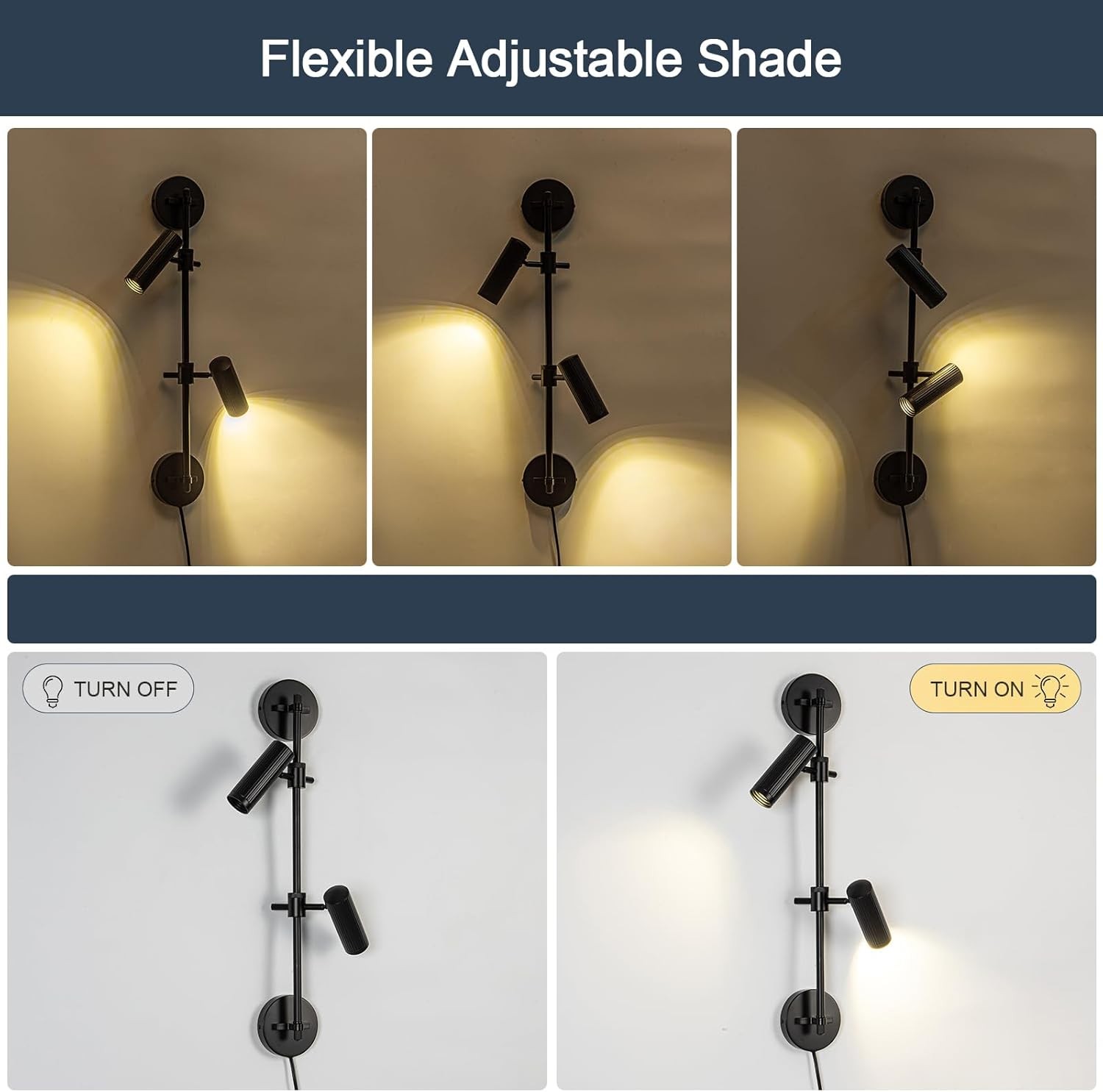 Black Wall Sconce Plug in 2 Lights Rotatable Switch