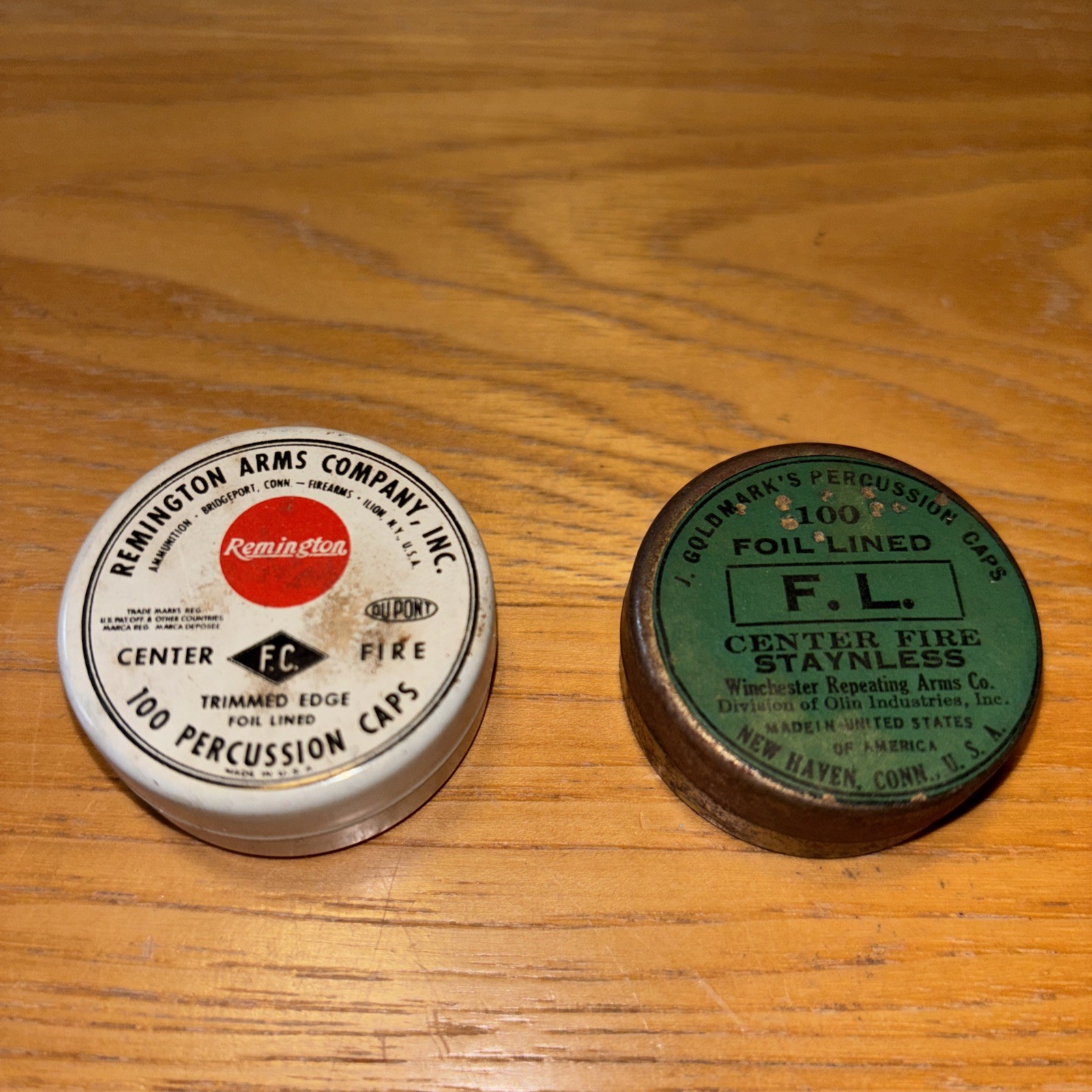 Two vintage tins of percussion caps Remington arms, and Goldmark’s- Empty