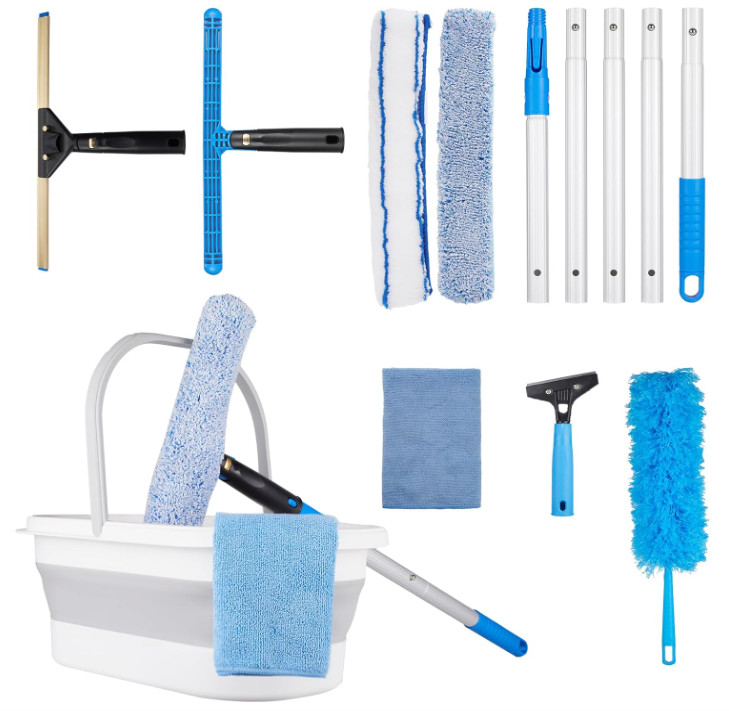 Set Limpiacristales Giratorio con Plumero Flexible, Raspador y Accesorios Hogar